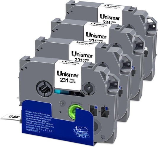 4-Pack TZe-231 Compatible for Brother P Touch Label Maker Tape TZe 12mm 0.47 Laminated White TZ-231 TZe231 Label Tape Refills for Ptouch PTD220 PT-D220 D202 D210 D600 D400 H100 H1101280 Label Maker