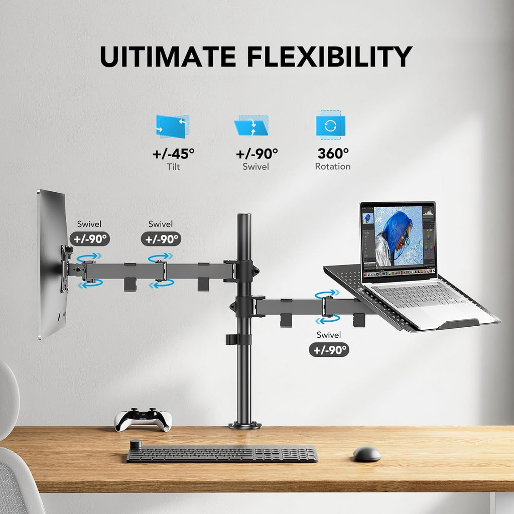 HUANUO Adjustable Monitor Stand, Single Arm Desk Mount for 32 inch Screen and 17 inch Laptop, Heavy Duty Ergonomic Bracket Holds 22lbs
