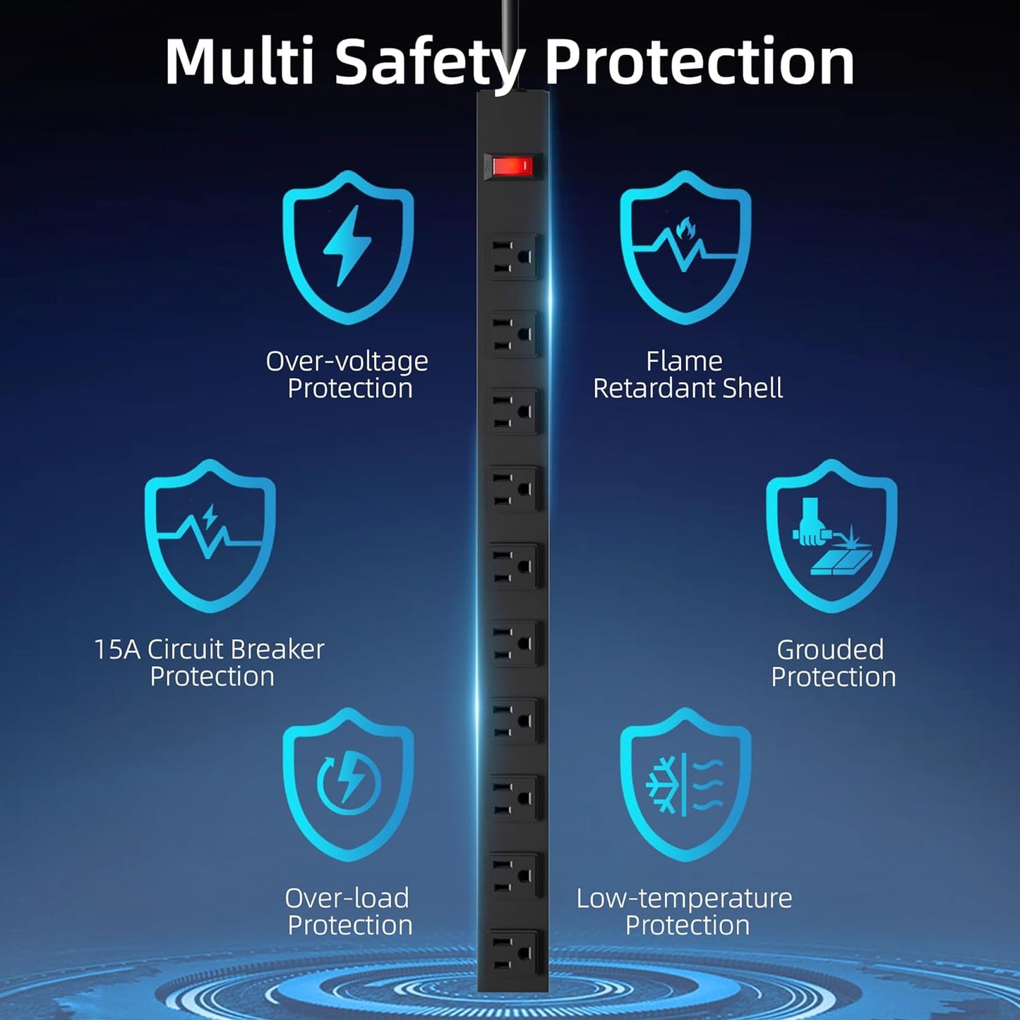 10 Outlet Metal Power Strip with 12Ft/125V/15A Long Extension Cord Black Heavy Duty Power Strip for Kitchen,Office,School,Commercial,Workshop,Industrial,ETL Certified and Listed,Black(12FT)