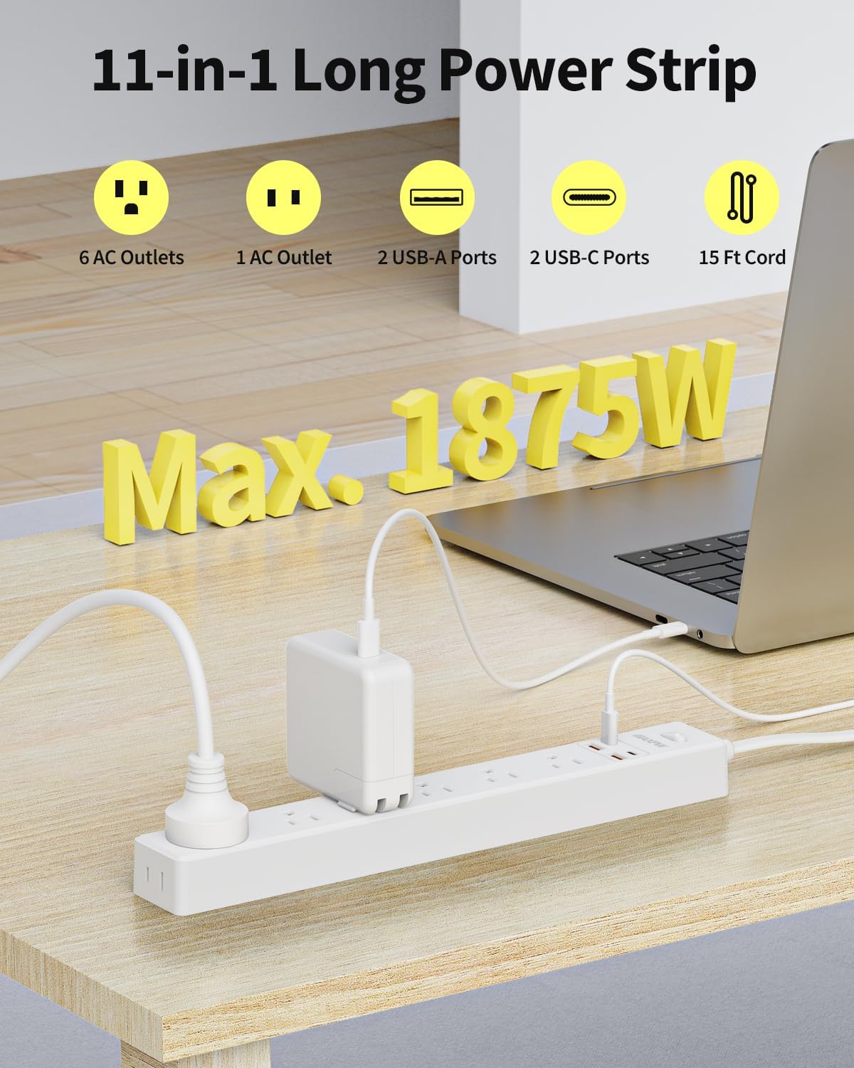 15 Ft Power Strip Surge Protector - 7 Outlets 4 USB Ports (2 USB C), Ultra Thin Flat Extension Cord & Flat Plug, 1700 Joules, Wall Mount, Desk Charging Station for Home Office Dorm, White