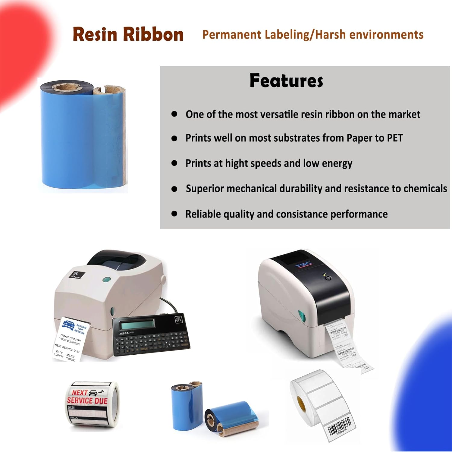 2.24" x 244' Oil Change Sticker Printer Ribbon, Premium Resin Ribbon, 57mm x 74m Black Thermal Transfer Ink Ribbon for Zebra TLP2824, GoDex RT200.. 1 Roll