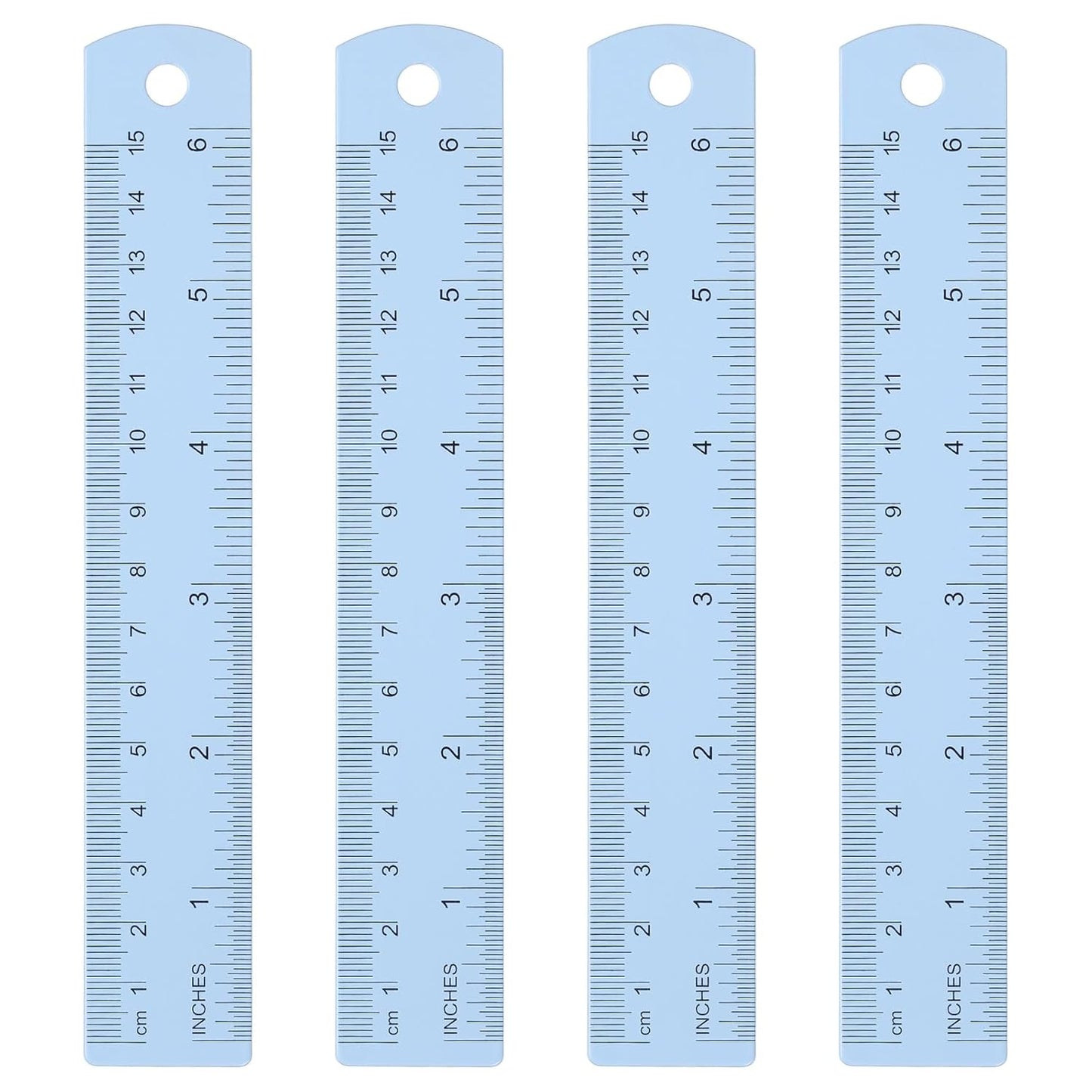 HARFINGTON 4pcs Metal Straight Ruler 15cm Metric SAE Aluminum Alloy Measuring Rulers Scale Tool with Hole for Measure Study Reading Classroom Office, Light Blue