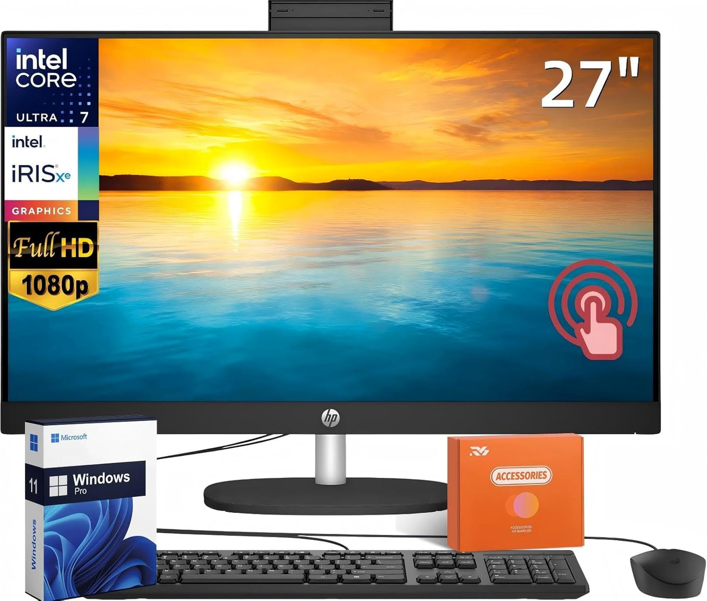 HP 27" FHD Touchscreen Business All-in-One Desktop Computer, Intel 12-Core Ultra 7 155U (Beats i7-1355U), 32 GB DDR5 RAM, 1 TB SSD, Intel Iris Xe Graphics, Wired KB & Mouse, Wi-Fi 6, Windows 11 Pro