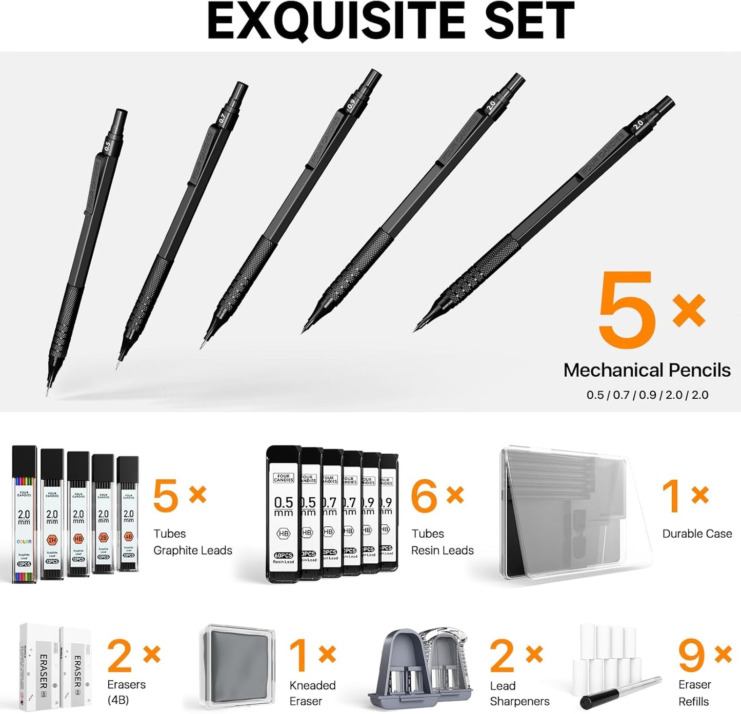 Four Candies Metal Mechanical Pencil Set, 3PCS Art Drafting Pencils 0.5, 0.7, 0.9MM & 2PCS 2MM Mechanical Drawing Pencils with 420PCS Leads (4B 2B HB 2H Color) for Writing Sketching Drawing (Black)