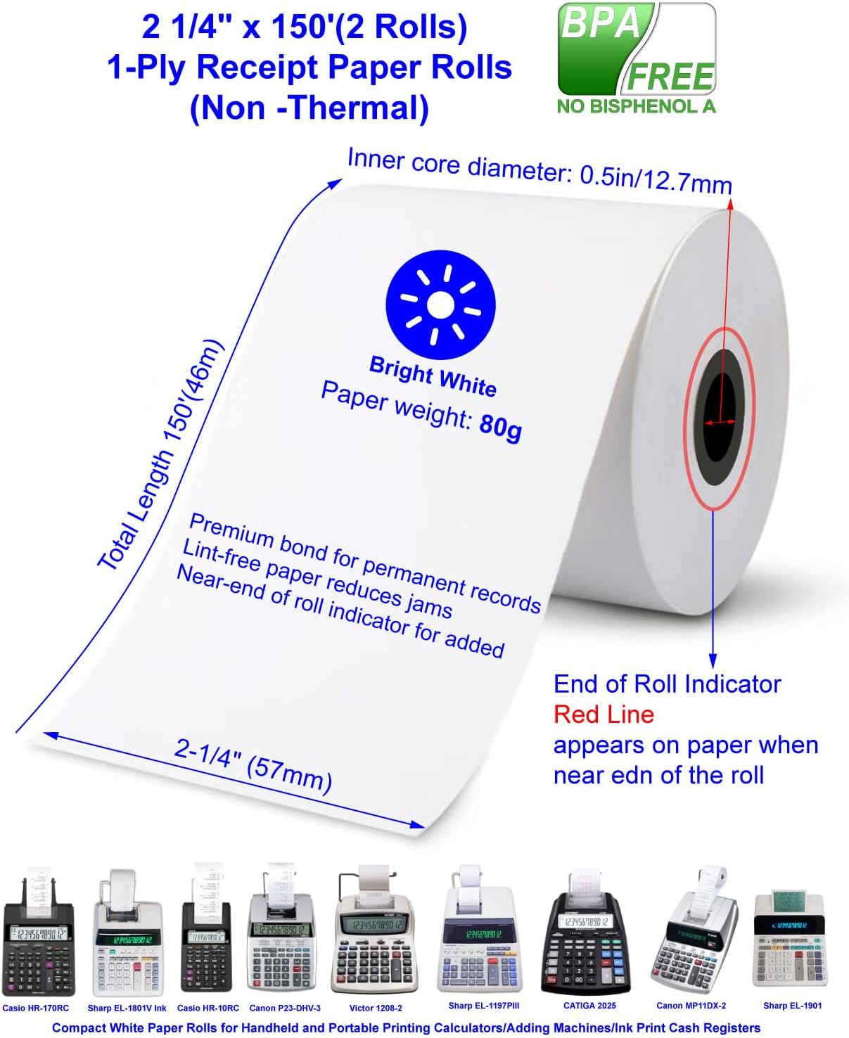 (2 Rolls) 2 1/4 in x 150 ft Adding Machine Tape Paper Rolls, for HR-10RC, HR-170RC, HR-200RC, EL-1197PIII, EL-1801V, P23-DHV-3, CP-90A, MP11DX-2, 1280-2, 80 GSM,3000Labels Direct