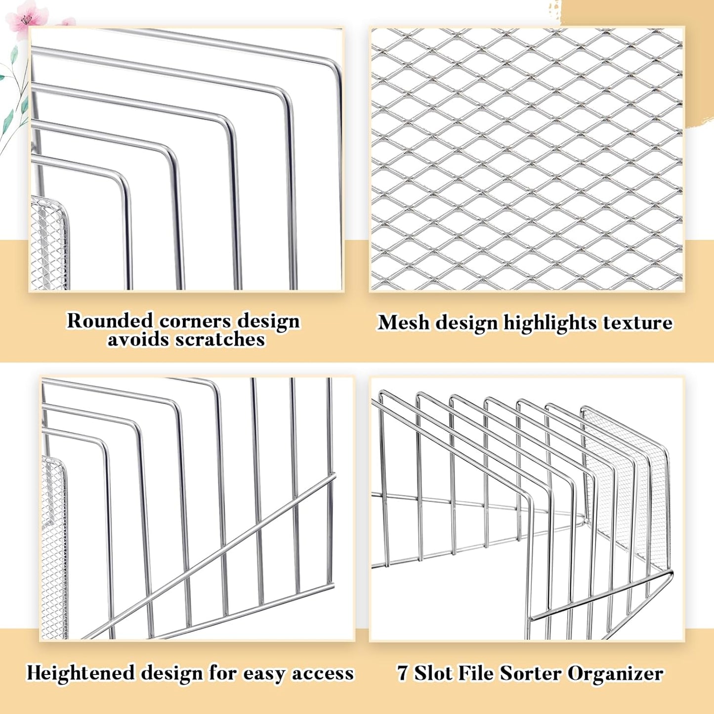 2 Pcs 7 Slot Incline File Sorter Metal Wire Mesh File Racks for Desktop Letter Sorter for Magazine Folder Book Organizer Home Office School Paper Mail Desk Storage Holder (Silver)