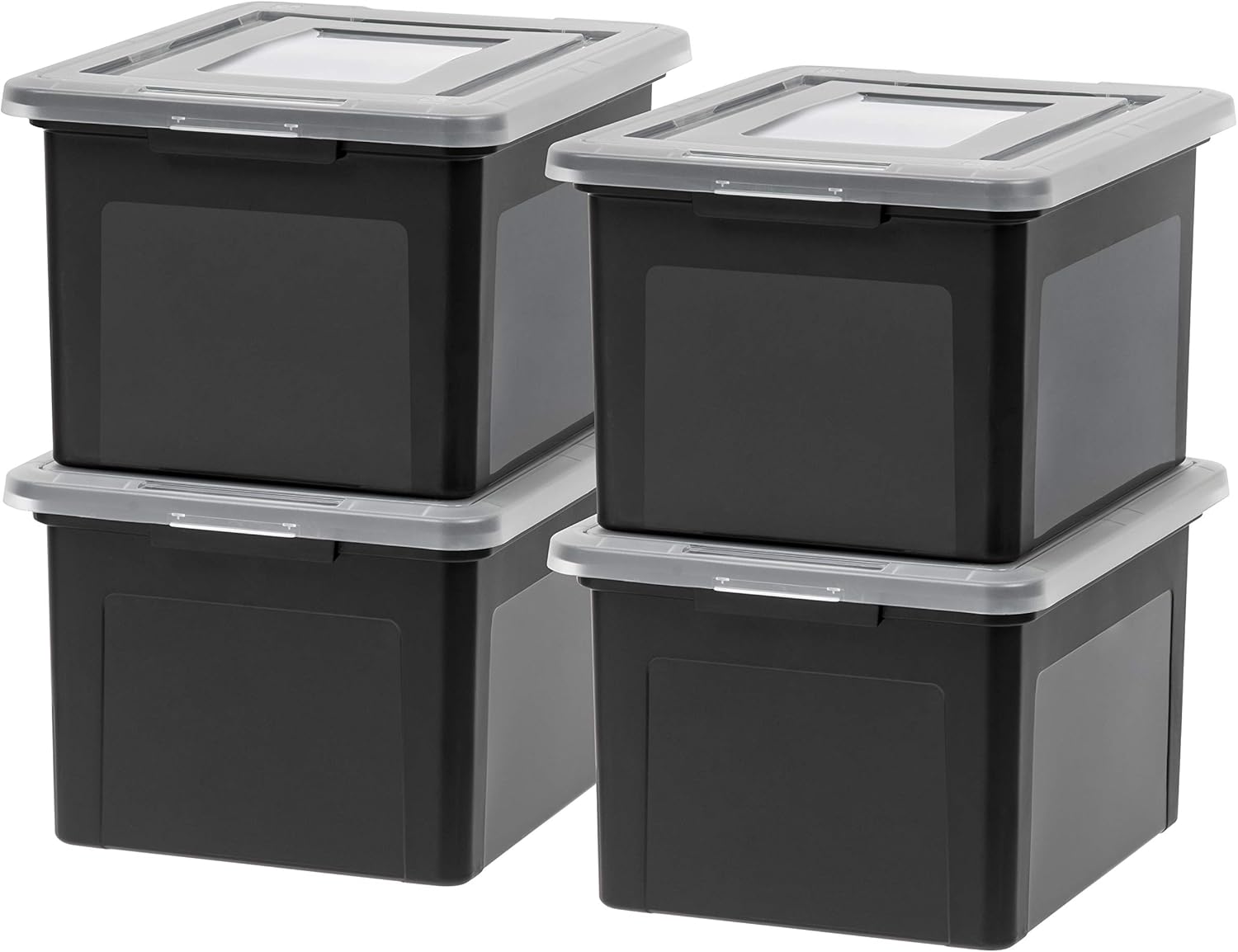 IRIS USA File Box, Plastic File Organizer with Lids for Letter/Legal File, Portable Document Box For Moving, Storage Bin with Durable and Secure Lid, Stackable Nestable BPA-Free, Black 35 Qt. 4 Pack