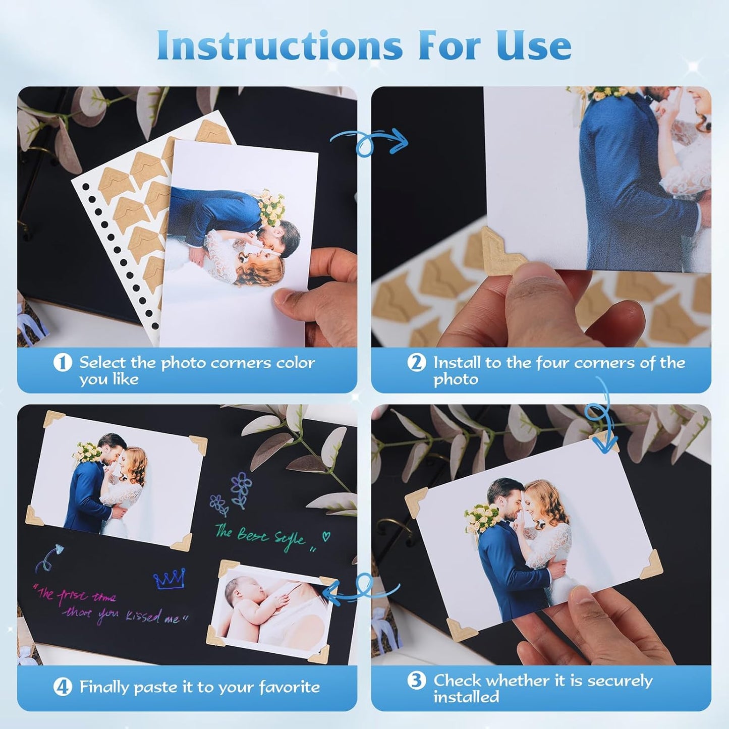 15 Sheets 360 PCS Gold-Black-Cowhide Acid-Free Photo Corners Notebook, Self-Adhesive Photo Corners for DIY Photo Album Journal, Photo Corner Stickers for Trip Journal Memory Book