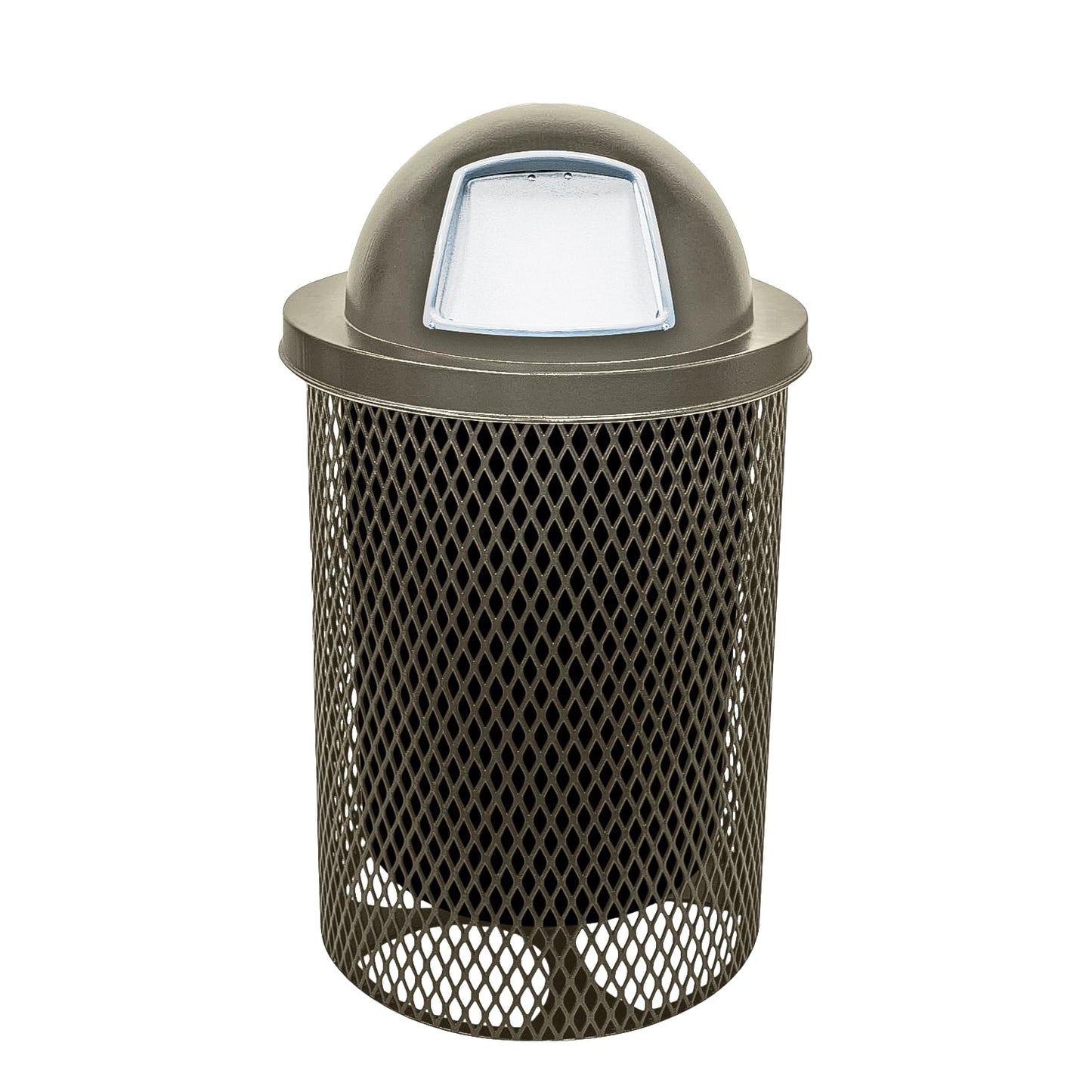 32-Gallon Heavy-Duty Expanded Metal Round Trash Receptacle, Commercial Outdoor Waste Bin with Liner & Black Dome Lid – Made in America (Textured Gold Vein)