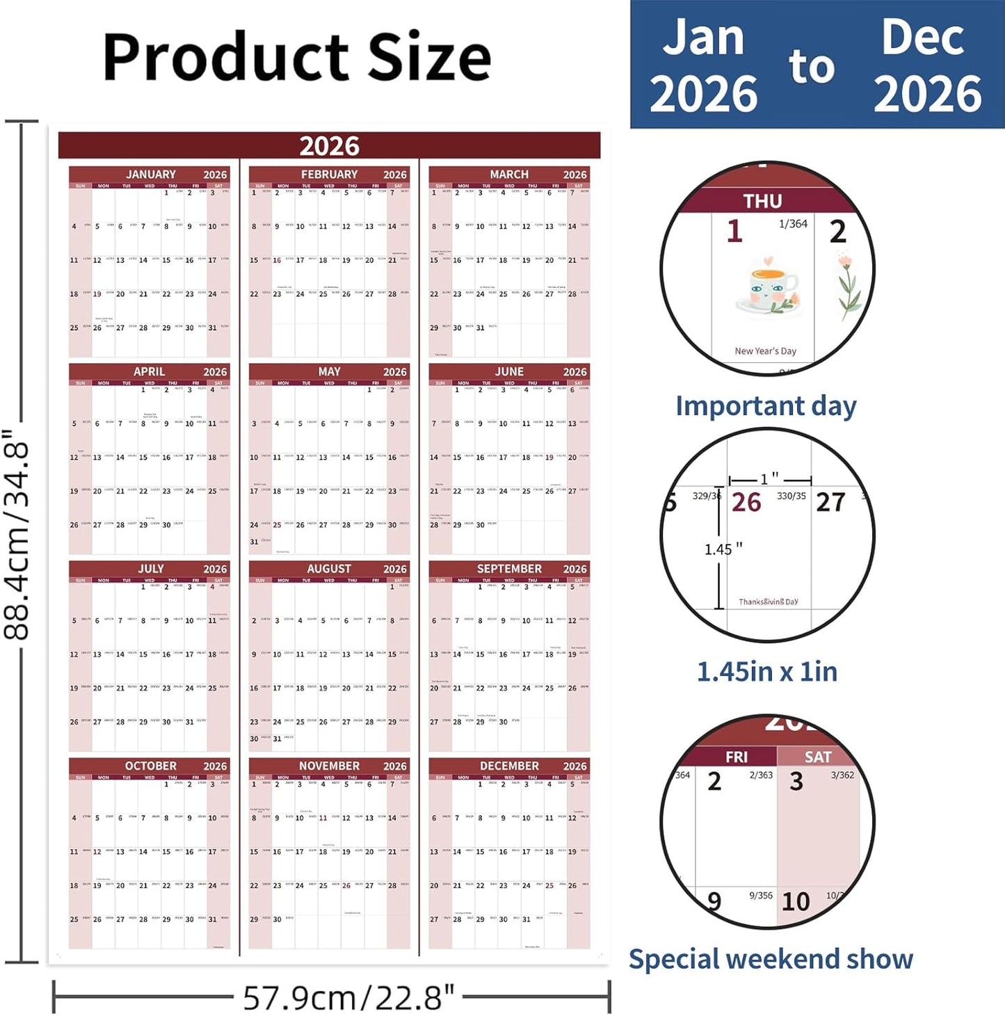2026 Wall Calendar 34.8" x 22.8" Large Vertical Yearly Wall Hanging Calenda with Julian Date Thick Paper Calendar 12 Month Annual Wall Planner for Wall Office Fridge(Red)