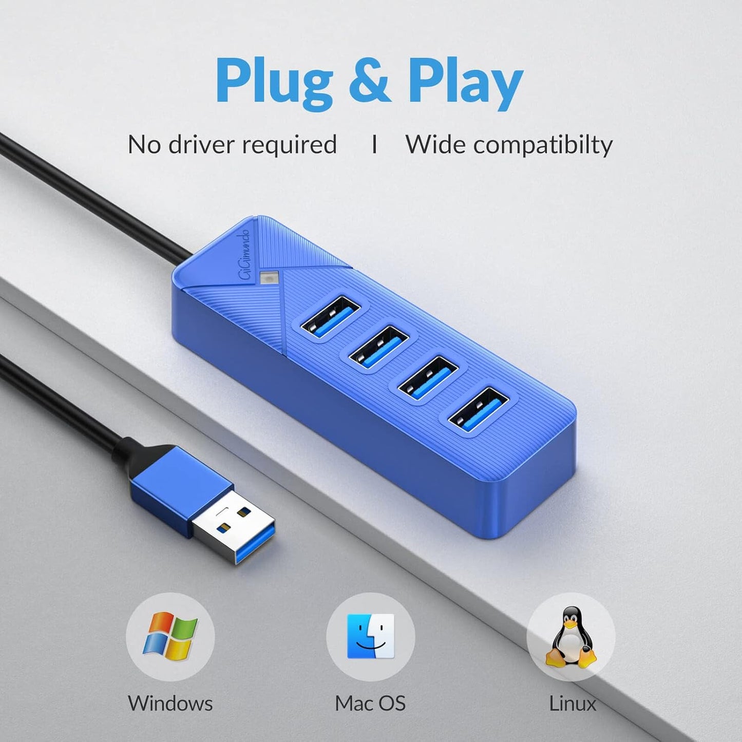4 Port USB 3.0 Hub, 5Gbps Multi Ports USB Splitter USB Expander for Laptop, Computer, PC, PS4, Xbox, Printer, Keyboard, Mouse, Compatible with Windows, Mac OS, Linux (Blue, 15cm)