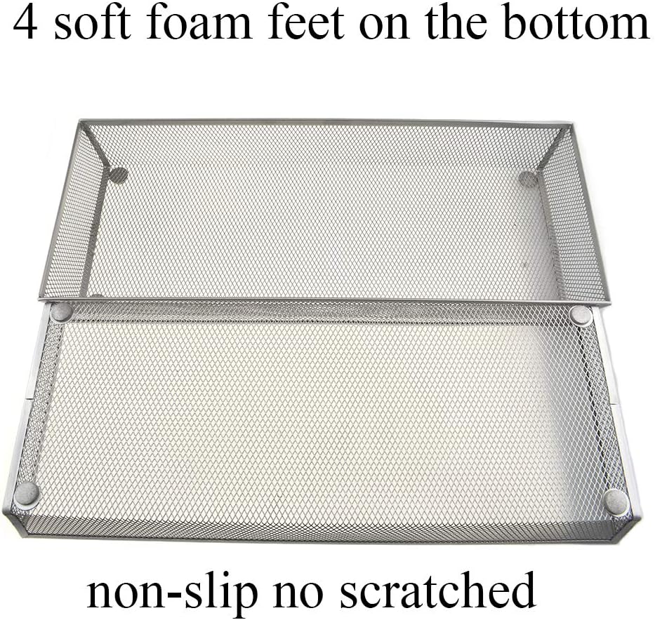 HAHIYO Stackable Mesh Tray Cup 15 x 6 x 2 inches Sturdy Container for Desk Drawer Organizer Collection for Home Office School kitchen Soft Foam Feet No Sharp Edges 1 Pack Silver