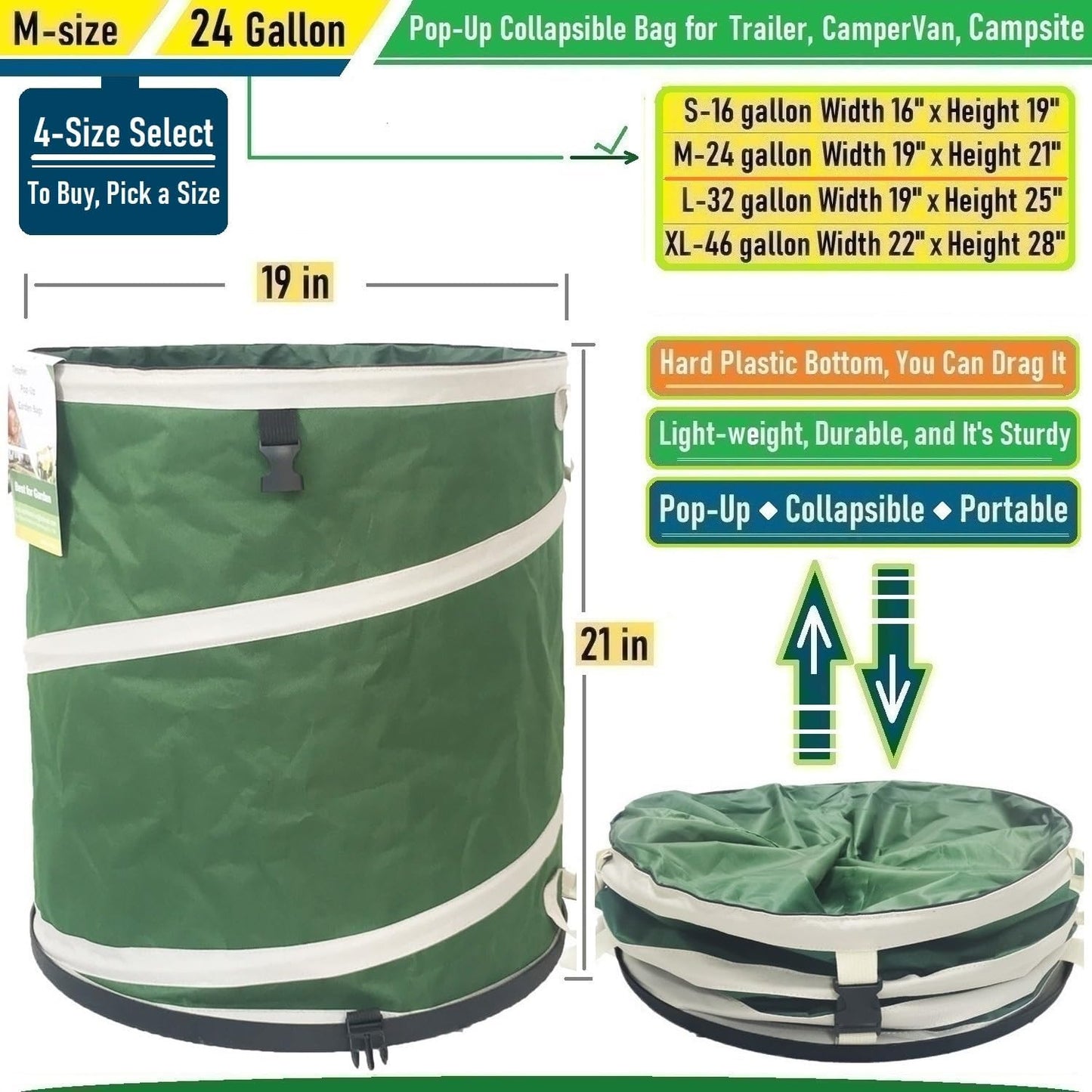 24-Gallon Collapsible Trash Can (19x21 in) Hard-Shell Bottom Yard Garden Bag for Yard Waste,Debris Bags,Pop-Up Trash Can,Recycling Bin,Camping Waste Bin,Laundry Hamper,Lawn Grass,Leaf Bag,Weeds Barrel