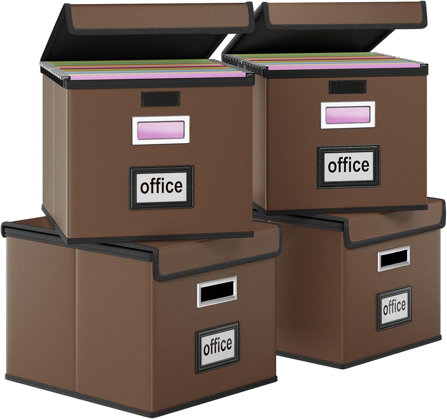 Huolewa File Organizer Box with Lid, Collapsible Leather File Folder Organizer for Office Document Storage, Filing Box with Plastic Slide for Letter/Legal Size Hanging Files, Dark Brown, 4 pack