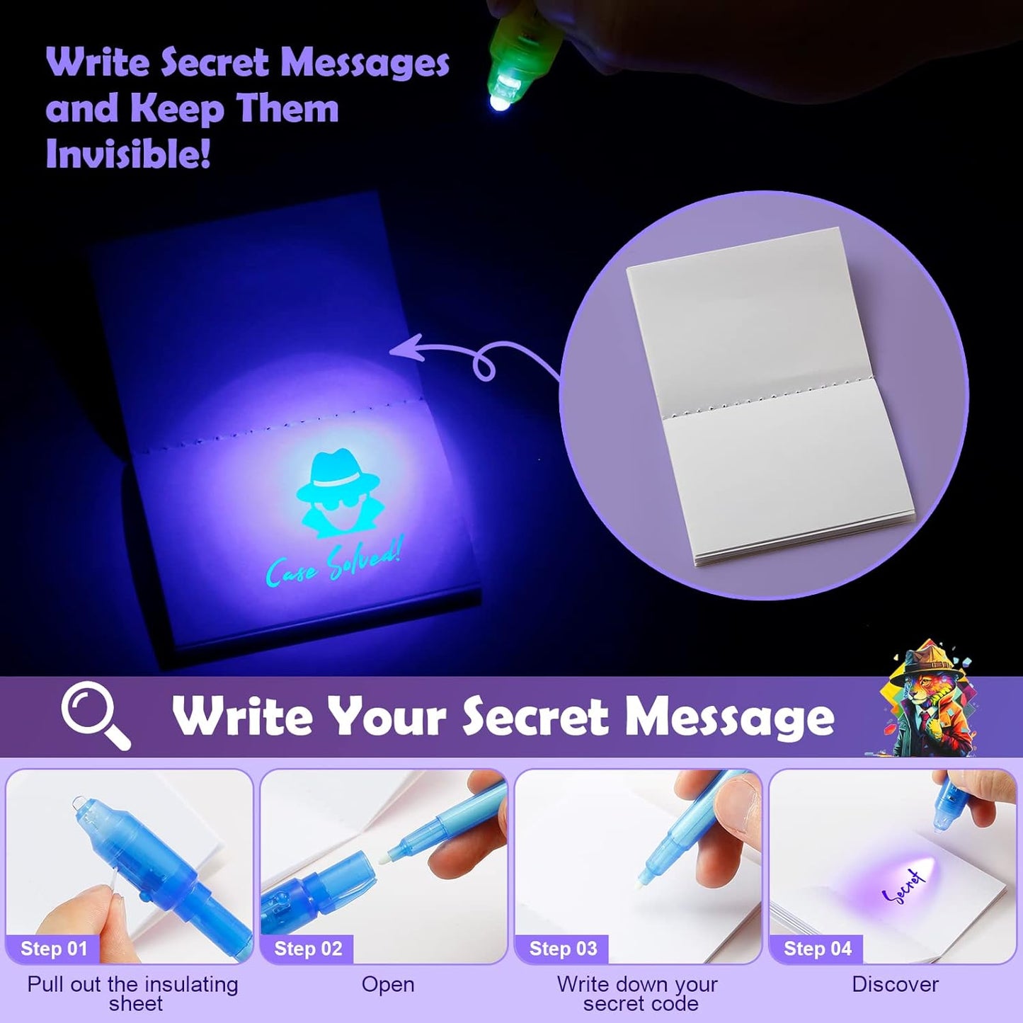 32Pcs Invisible Ink Pen with UV Light, Mini Notepads & Favor Bags, Spy Pens, Top Secret Message Magic Marker, Party Favors for Kids 8-12, Class Prizes, Detective & Escape Room Themes