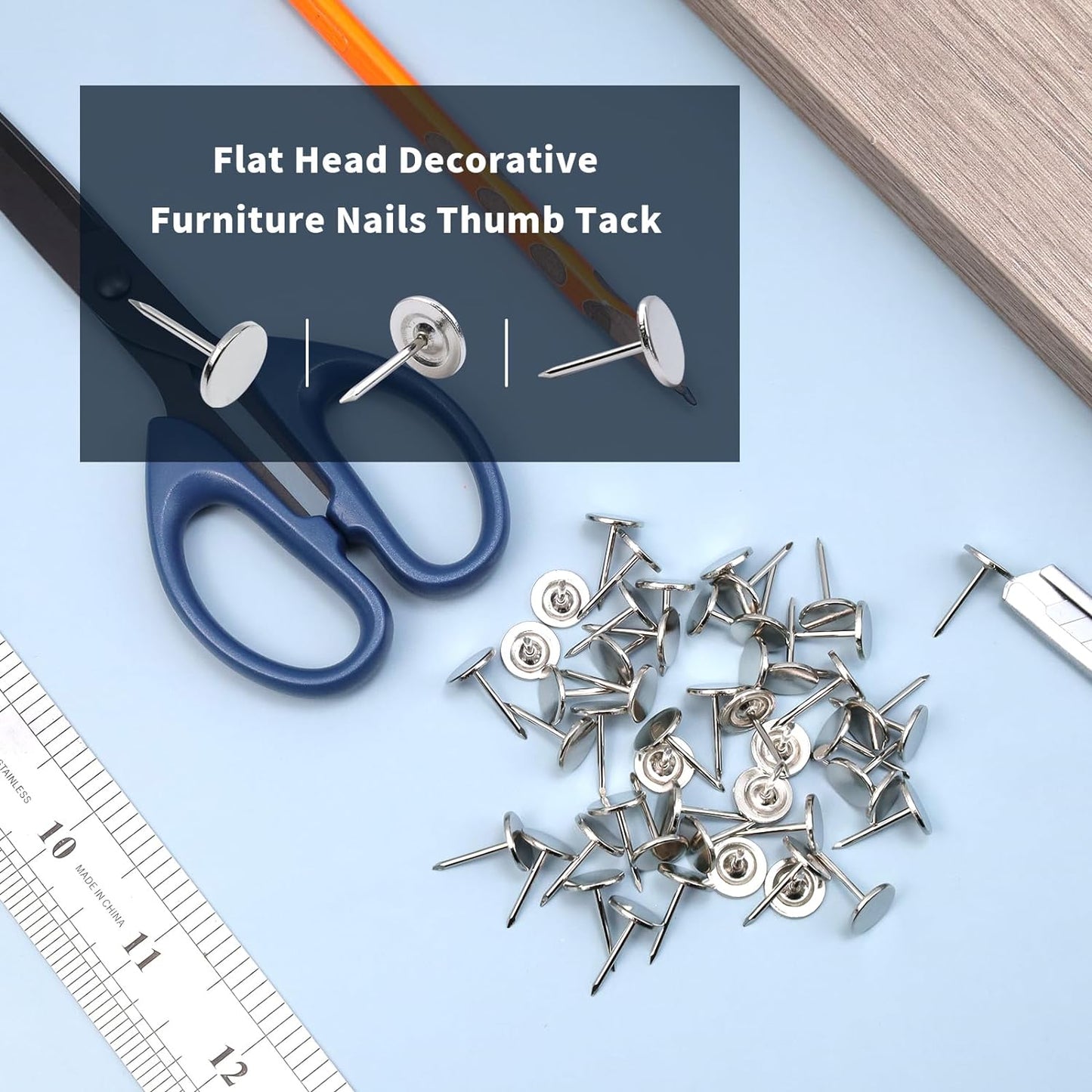100Pcs Flat Head Upholstery Tacks Home Furniture Decor Tacks Upholstery Nails Flat Push Pins Flat Thumb Tacks Silver (16mmx20mm)