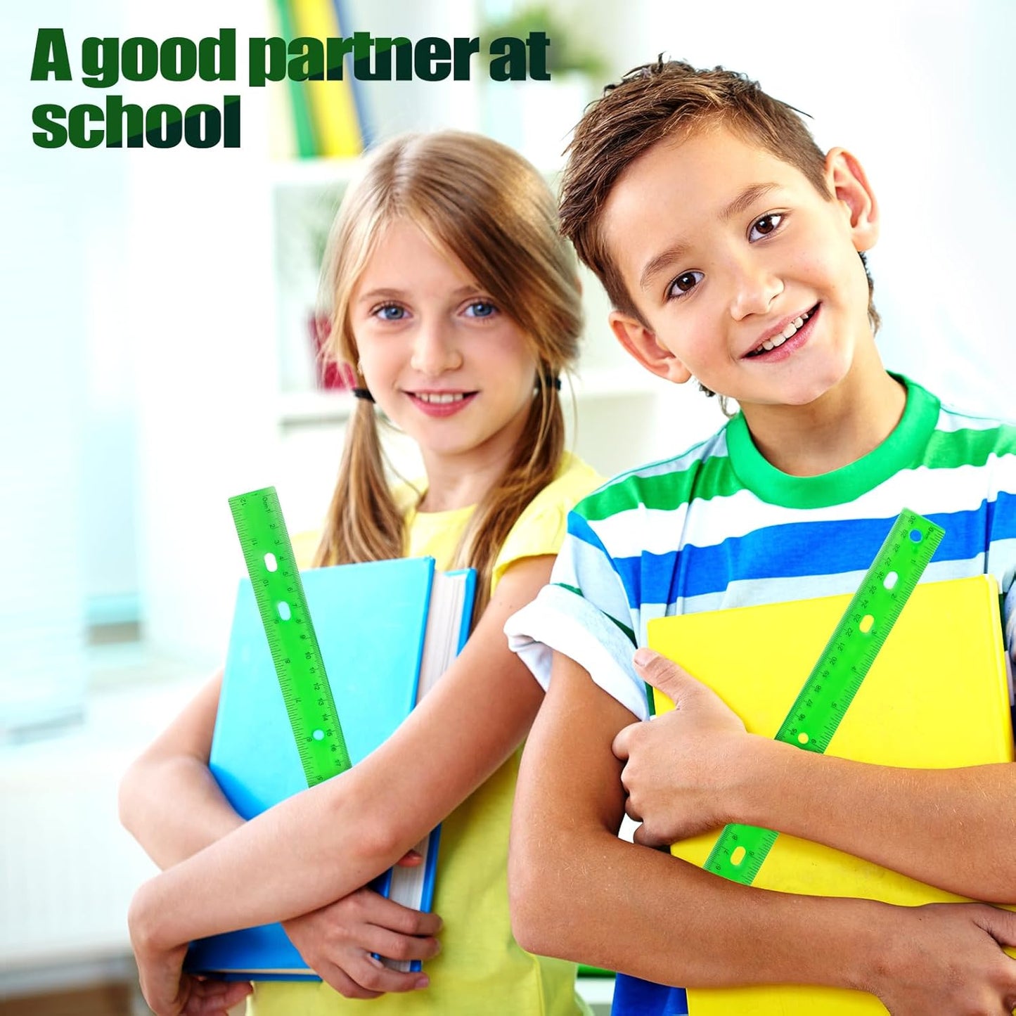 28 Pack Plastic Ruler 12 Inch Transparent Rulers - Metric Bulk for Kids School Office Classroom, Green