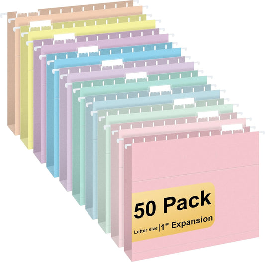 Hanging File Folders, 50 Pack Letter Size Hanging File folders with 1/5-cut Tabs, Stay Organized for Your Home and Office Bulk File, Documents and Paper, Macaron 10 Colors
