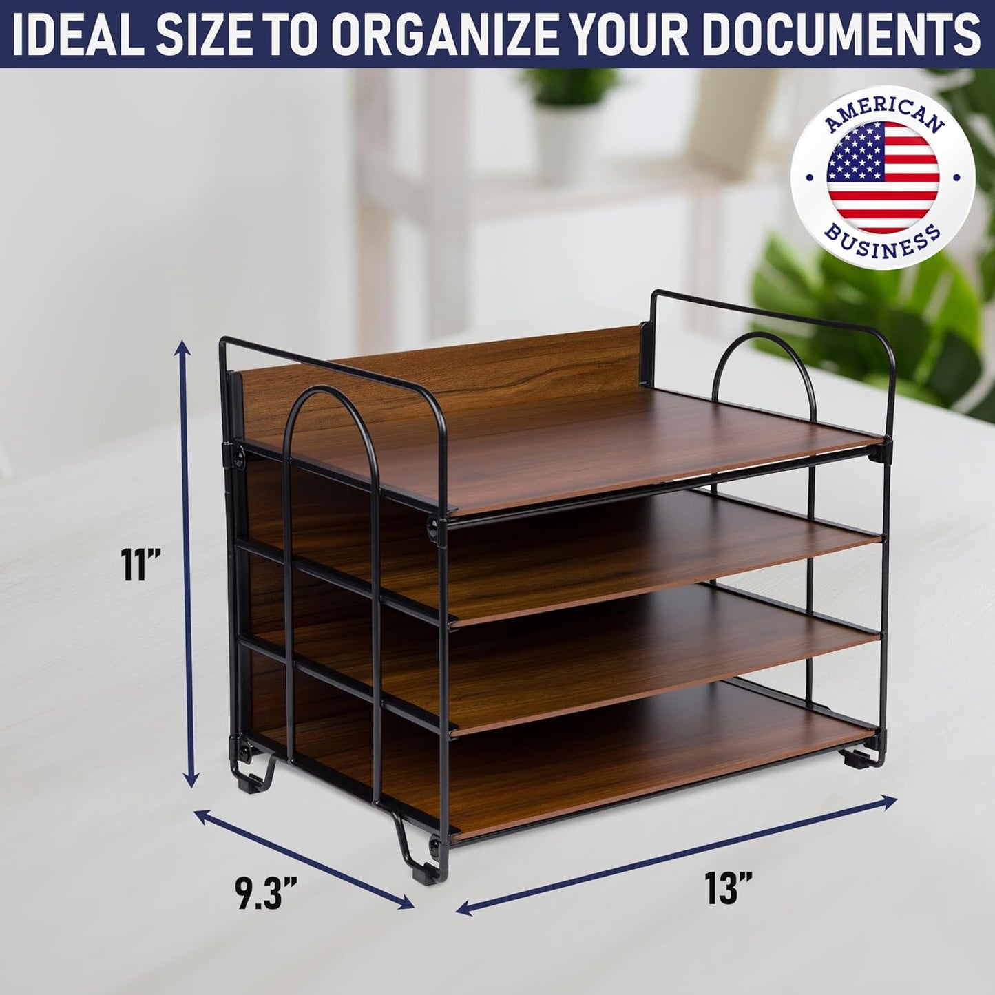 4-Tier Office Organizer, Desk File Organizer with Wood Patterned Shelves, Office Supplies Desktop Organization for Storage of Paper, Bills, Letters, Multi-Functional Desk Organization and Accessories