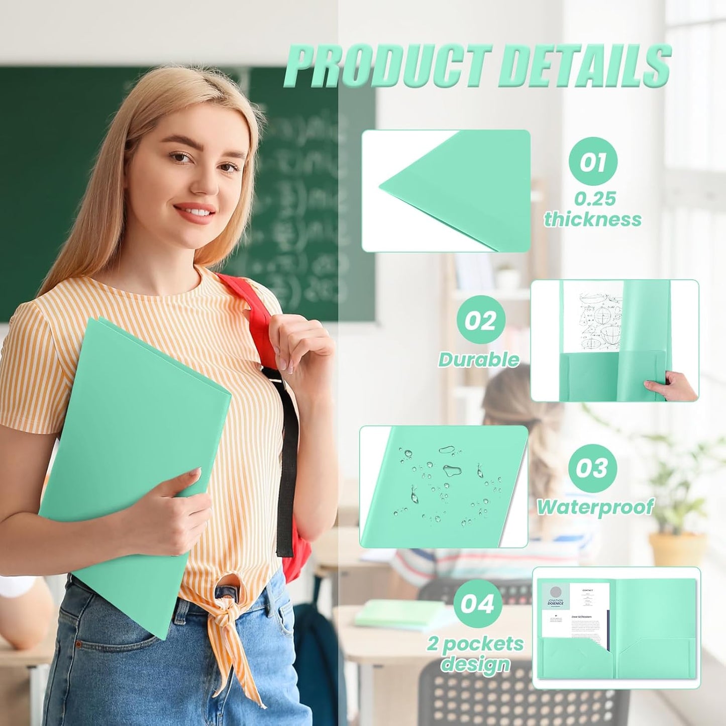 Gueevin 50 Pcs Plastic Folders with Pockets, Back to School Two Pocket Folder Fit Letter Size, Heavy Duty School Business Card Holder for Home Office, 11. 61 x 9. 45 Inches (Light Green)