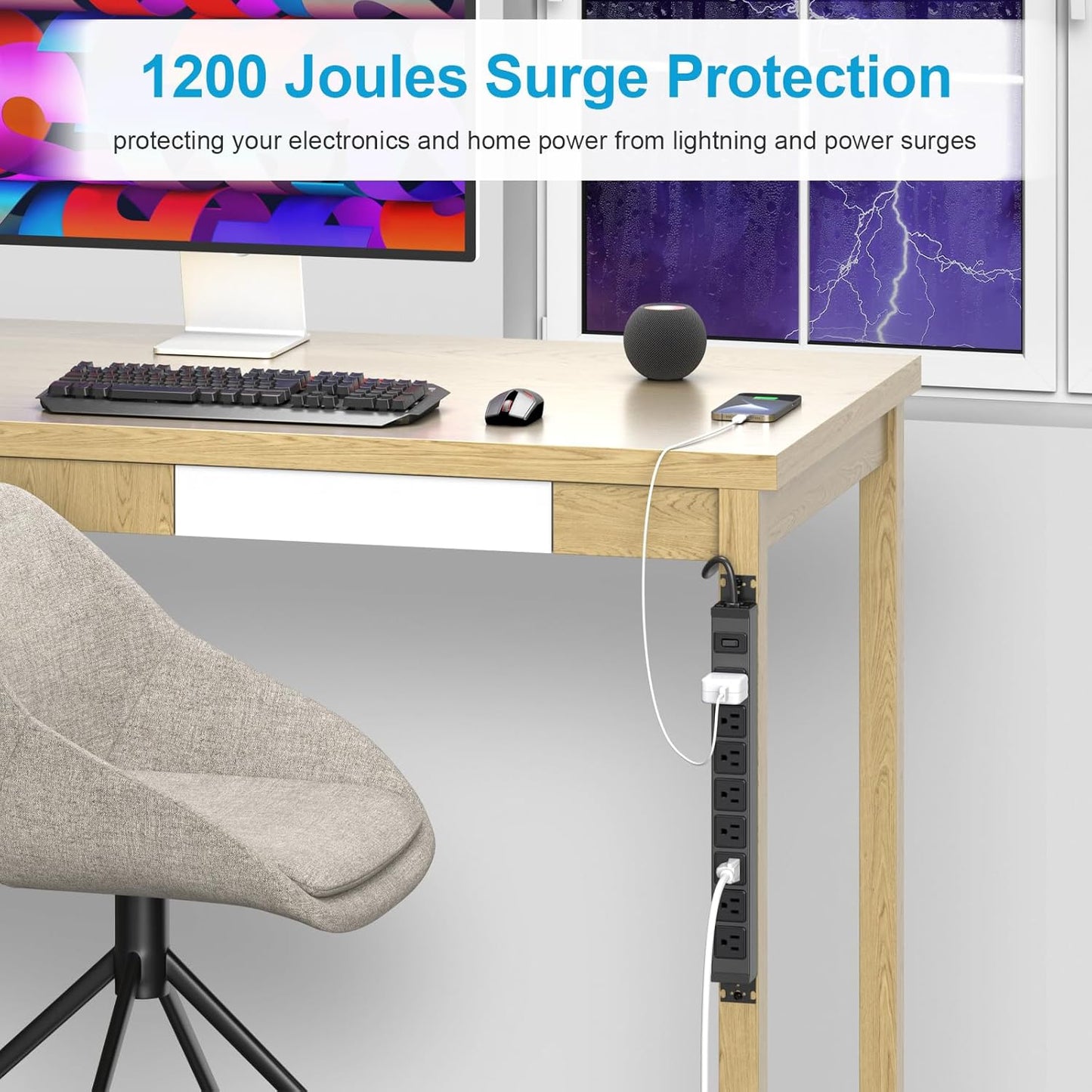 HHSOET Metal 360° Rotating Mountable Power Strip, 8 Outlet Gaming Table Mounted Outlet Strip, Heavy Duty Wall Mount Surge Protector with Switch, 15A 125V 1875W, 6ft Power Cord.(Black)