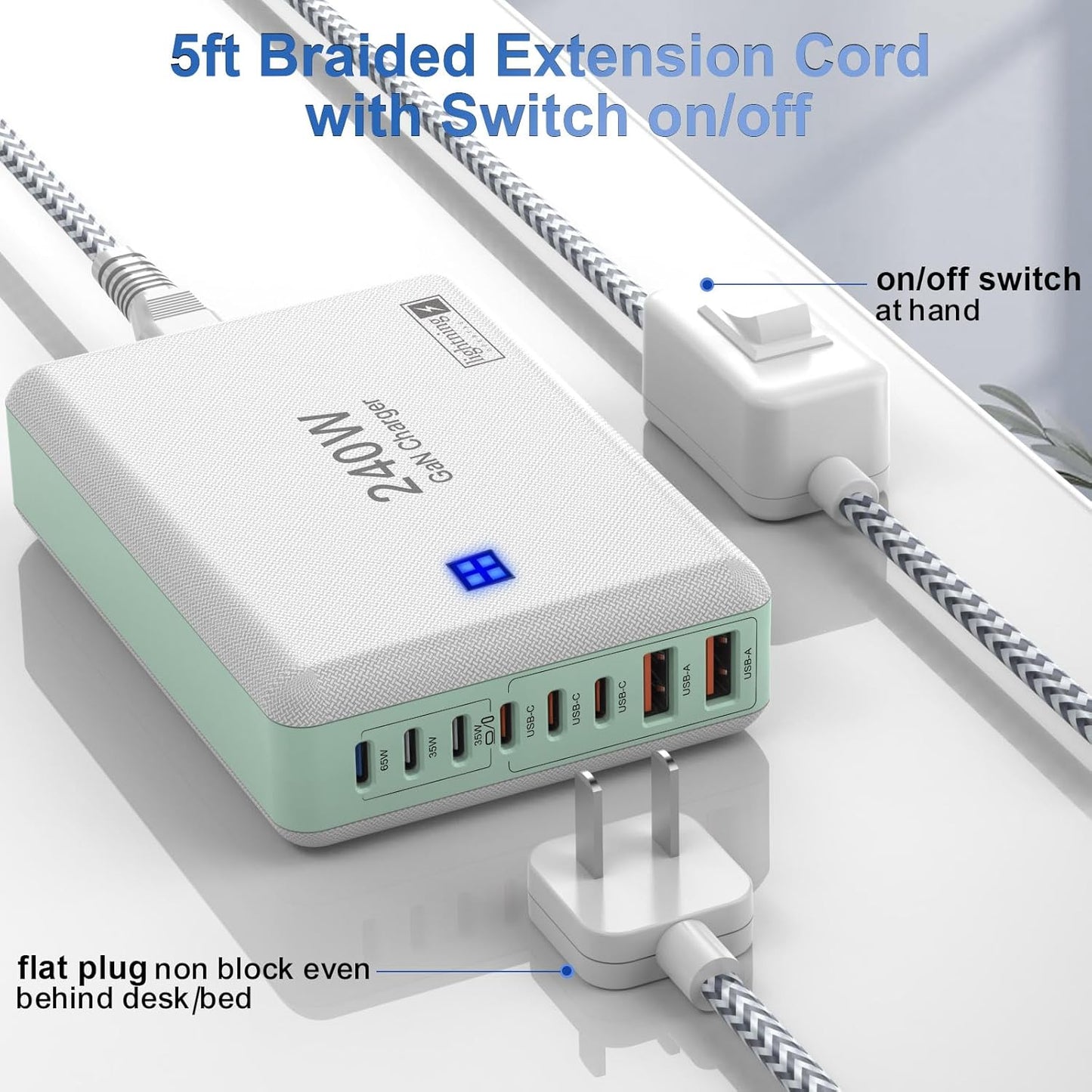 240W Fast Chargers for Multiple Devices 8 Ports, 6 Type C + 2 USB A Charger Block, Charging Station with Slim Flat Plug, 65W Power Hub for Laptops, PD GaN Charger Tower for iPhone, Samsung