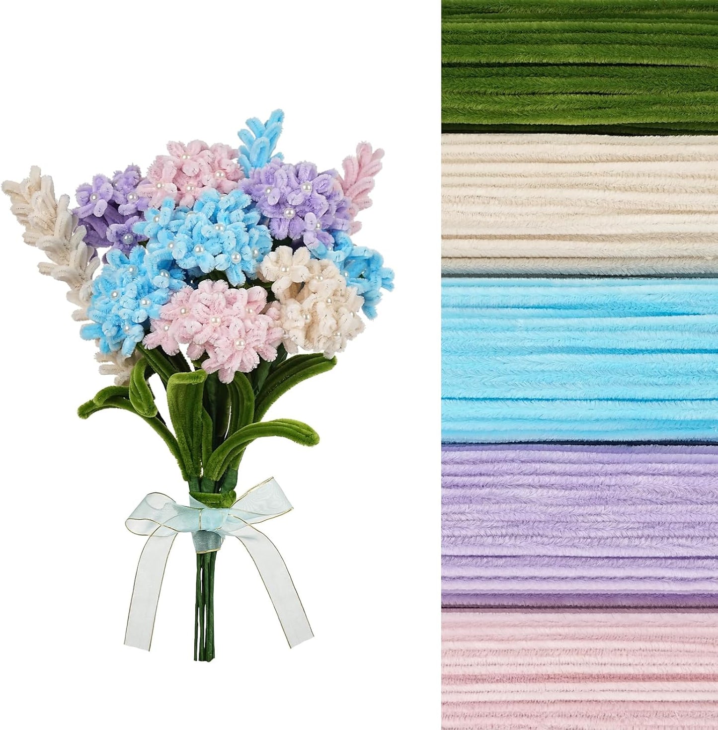 400 Pcs Craft Pipe Cleaners Flowers,5 Assorted Colors Chenille Stems Bulk with Floral Wires, Gardening Tape,Greeting Card,Bouquet Paper,Hot Glue Stick,Pearl & Ribbon,Ideals for Various Types Decor