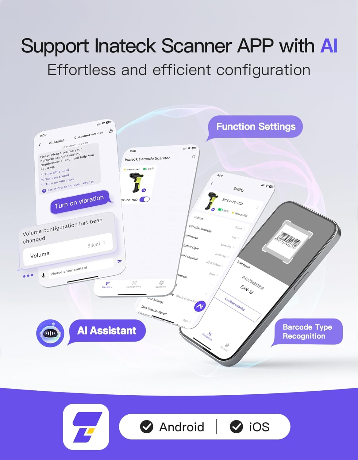 Inateck 2D Barcode Scanner, Wireless Bluetooth QR Code Scanner with AI APP & SDK, 180-Day Battery Life, Fast & Accurate Scanning, Compatible with iOS/Android/Windows, BCST-72 Green