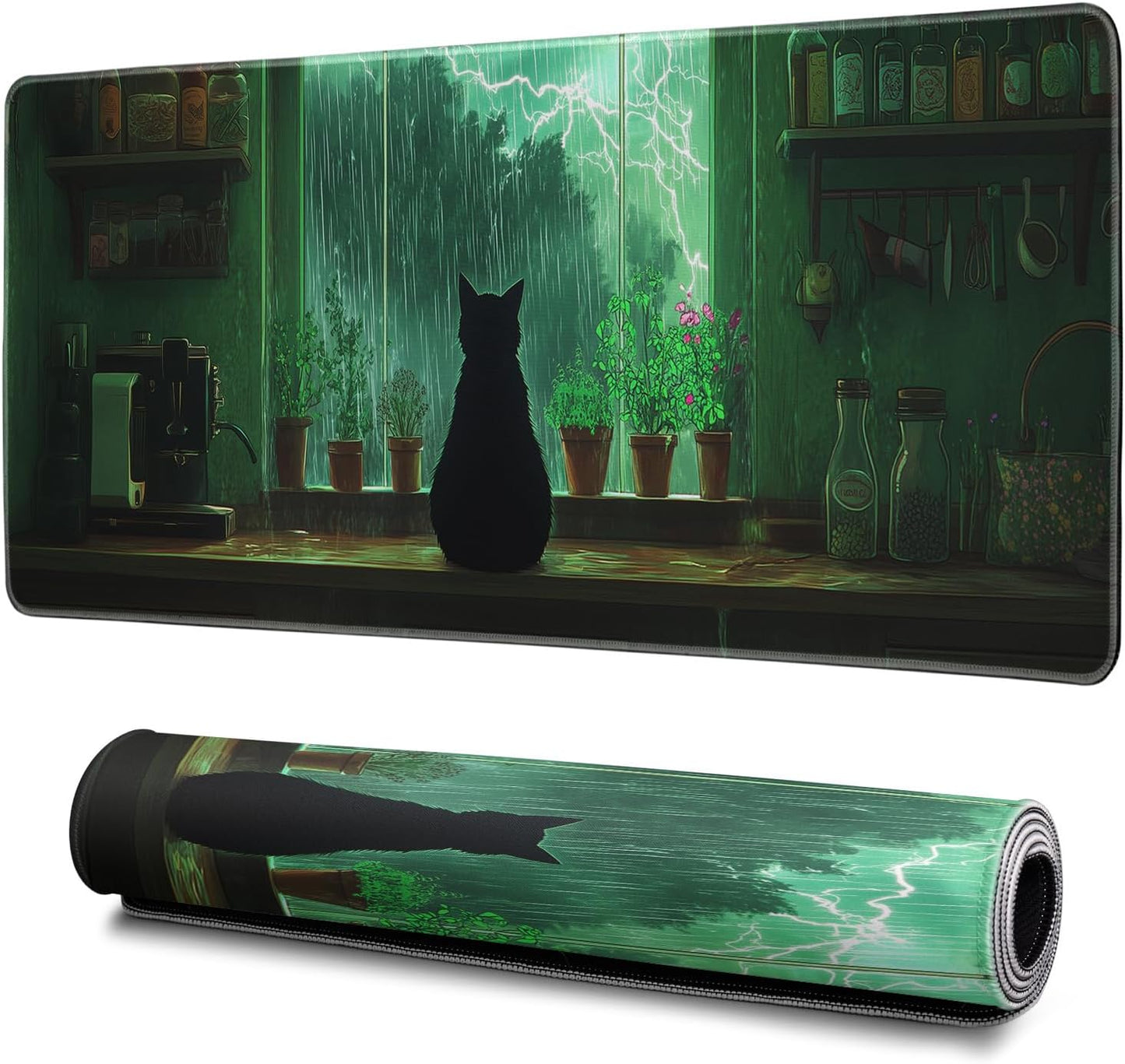 Green Black Cat Mouse Pad Abstract Big Mouse Pad 31.5x11.8 Inch Cat Texture Non-Slip Rubber Base Large Mousepad Stitched Edges Keyboard Mouse Mat Desk Pad for Office and Home