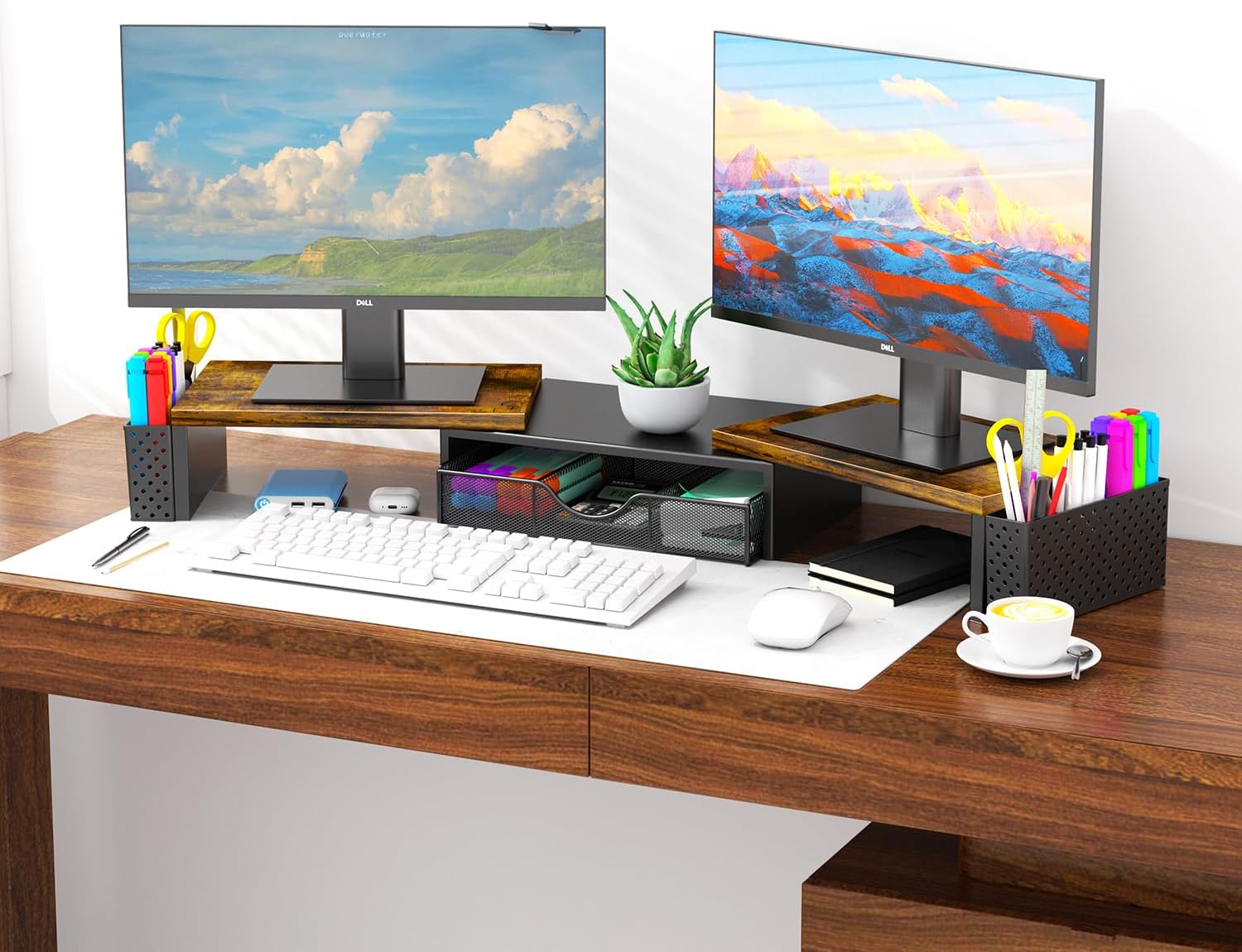 Spacrea Metal Desk Organizers and Accessories, Dual Monitor Stand Riser with Drawer and 2 Pen Holders, Desk Accessories & Workspace Desktop Organizers for Office Supplies (Wood)