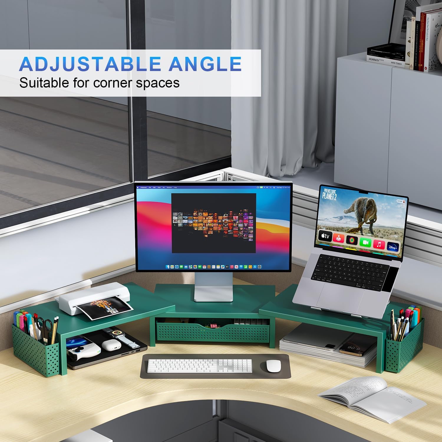 gianotter Dual Monitor Stand Riser, Desk Organizer With Drawer and 2 Pen Holders, Monitor Stand for Desk, Office Decor Essentials (Green)