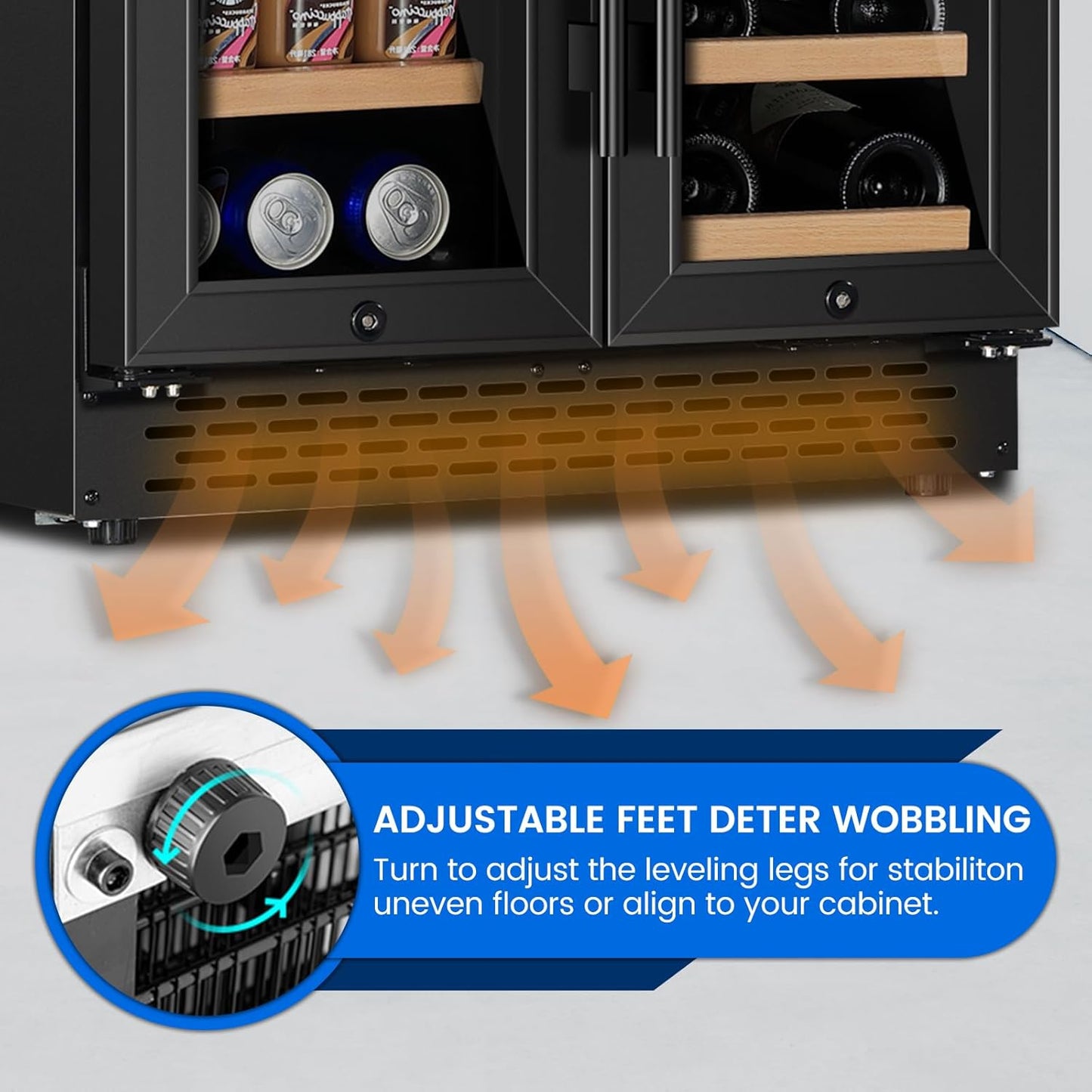 24 Inch Wine and Beverage Refrigerator Under Counter, Dual Zone Black Beverage Fridge with Glass Door&Lock,20 Bottles & 88 Cans Wine and Beverage Cooler, Freestanding Mini Fridge for Bedroom Home