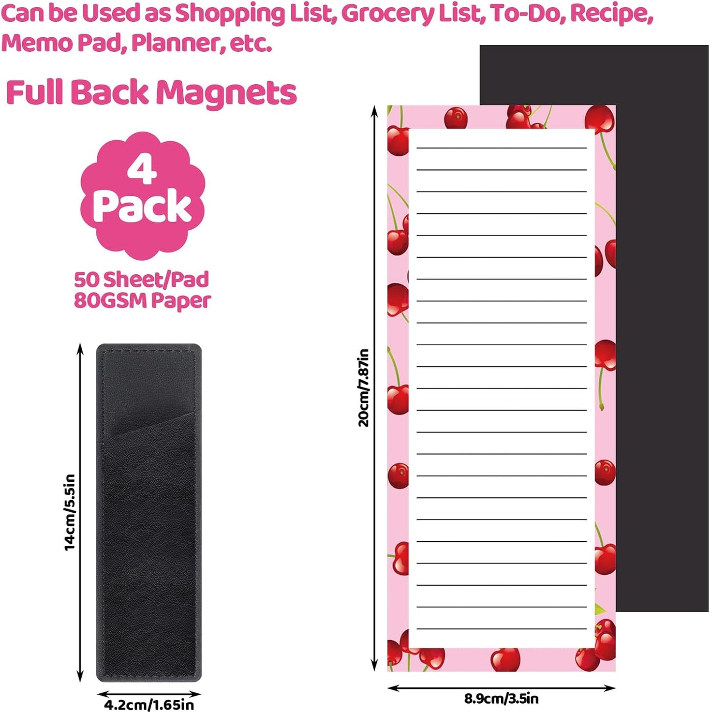 4 Pack Magnetic Note Pad for Fridge with Pen Holder, Totally 200 Sheets Magnetic To Do List, Grocery List, Shopping List, Memo Pads for Refrigerator（Fruit Design）