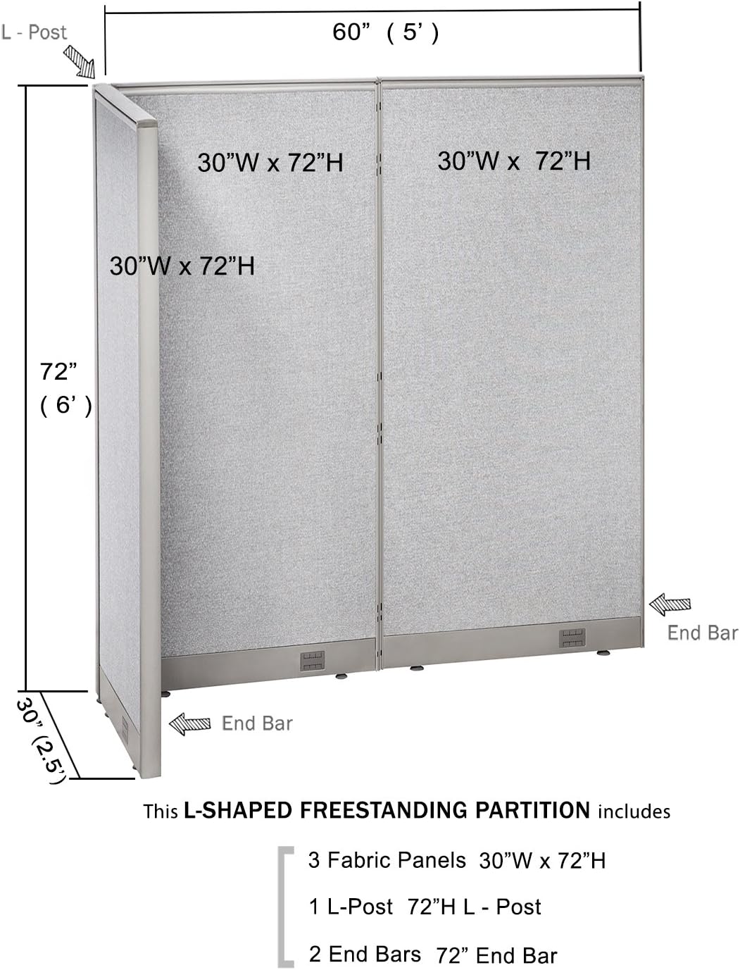 GOF Freestanding L Shaped Office Partition, Large Fabric Room Divider Panel, 30" D x 60" W x 72" H