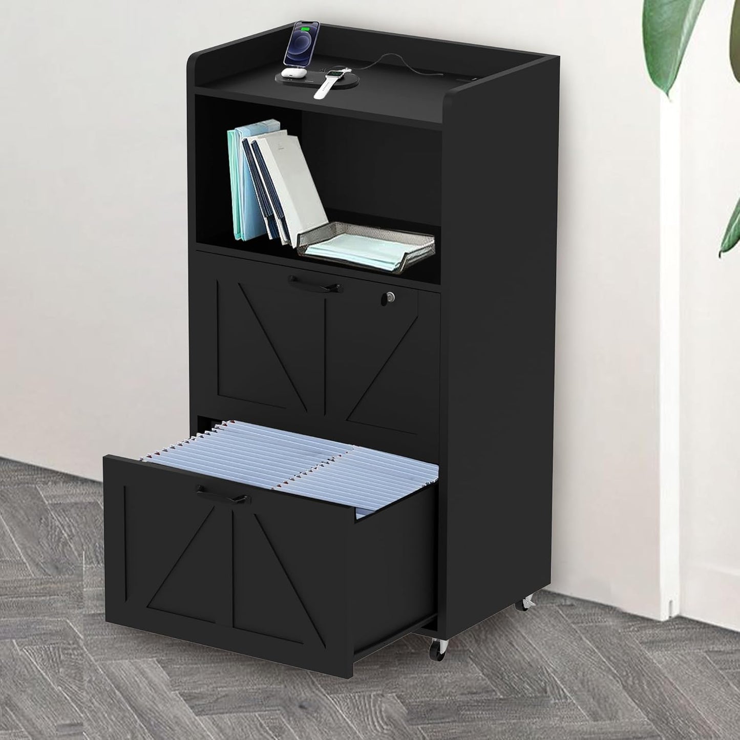 2 Drawer File Cabinet On Wheels & Charging Station, Wood Filing Cabinet with Lock & LED Light, Large Storage Printer Stand for Home Office, Black