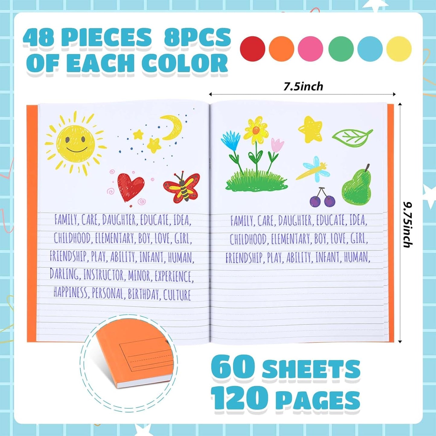 Henoyso 48 Pcs 120 Pages Primary Composition Notebooks K-2 9 3/4 x 7 1/2 Inch Journals Primary Journals Blank Books for Kids to Write Stories Kindergarten (Colorful)