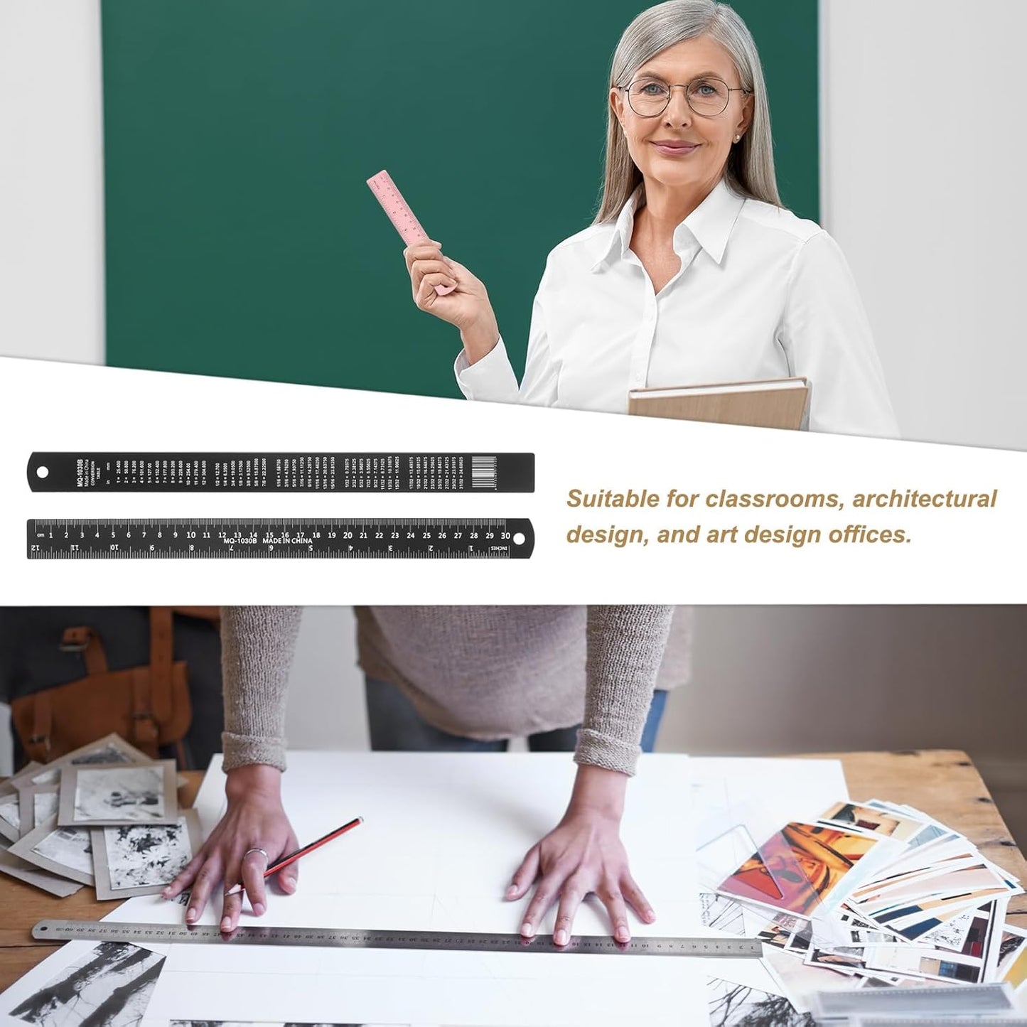 HARFINGTON 2pcs Metal Straight Ruler 30cm Metric SAE Aluminum Alloy Measuring Rulers Scale Tool with Hole for Measure Study Reading Classroom Office, Black