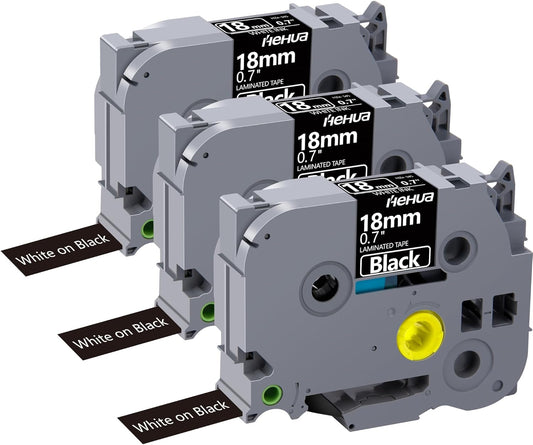 Hehua Tze Tz 18mm 0.7 Laminated Black Tape Compatible for Brother P-Touch TZe-345 TZe345 TZ-345 TZ345 Label for Ptouch PT D400 D600 D610 P710bt, 3/4'' x 26.2ft White on Black, 3 Pack