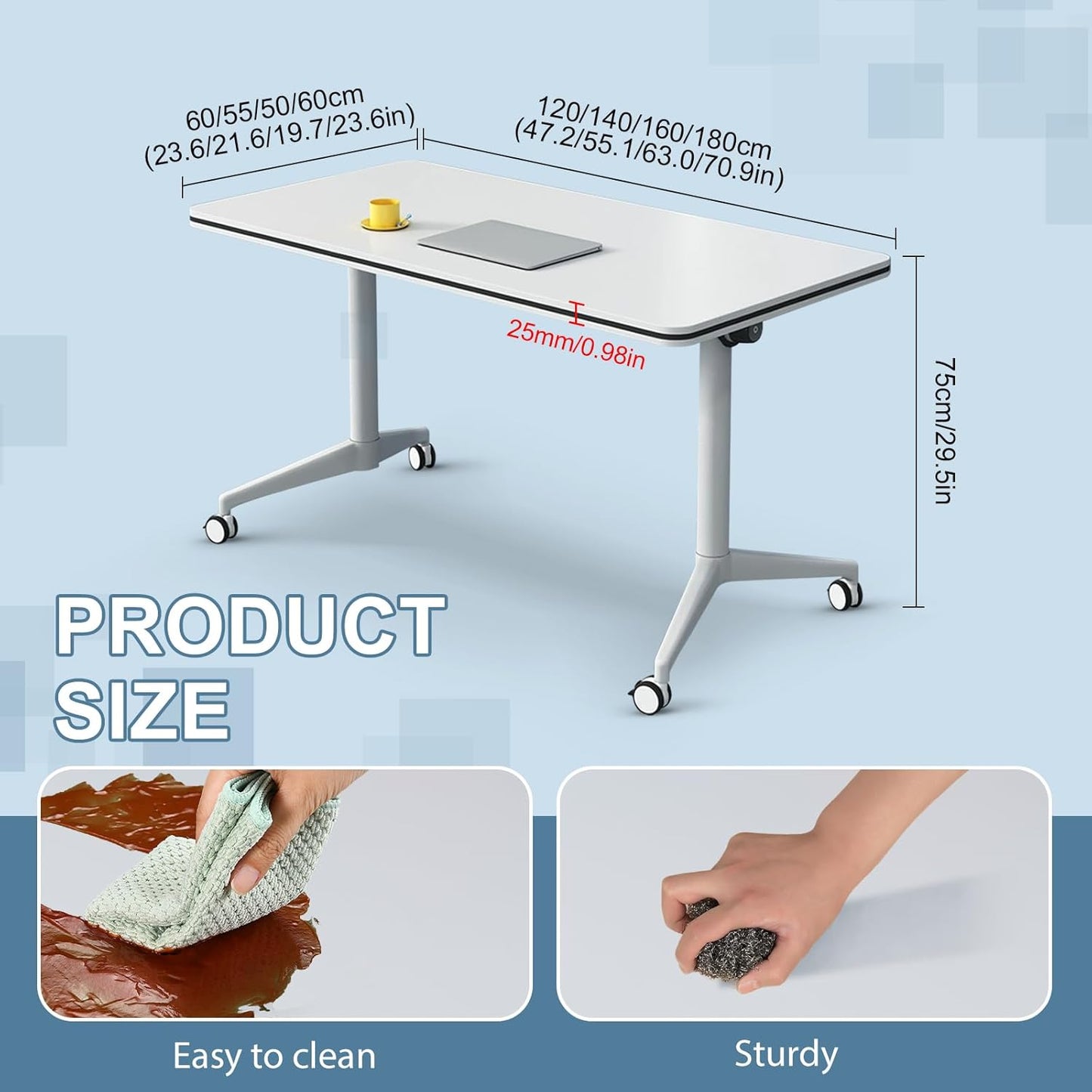 2Pack Folding Conference Room Table, Modern Conference Tables with Silent Wheels, Large Rectangular Mobile Training Tables for Office Classroom, Foldable Modular Seminar Table White (L47.2in)