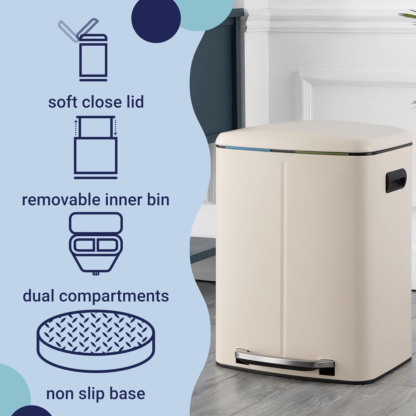 happimess HPM1005F Marco Rectangular 10.6-Gallon Double Bucket Trash Can with Soft-Close Lid, Fingerprint Resistant, Modern, Minimalistic for Home, Kitchen, Office, Bathroom, Limestone Beige