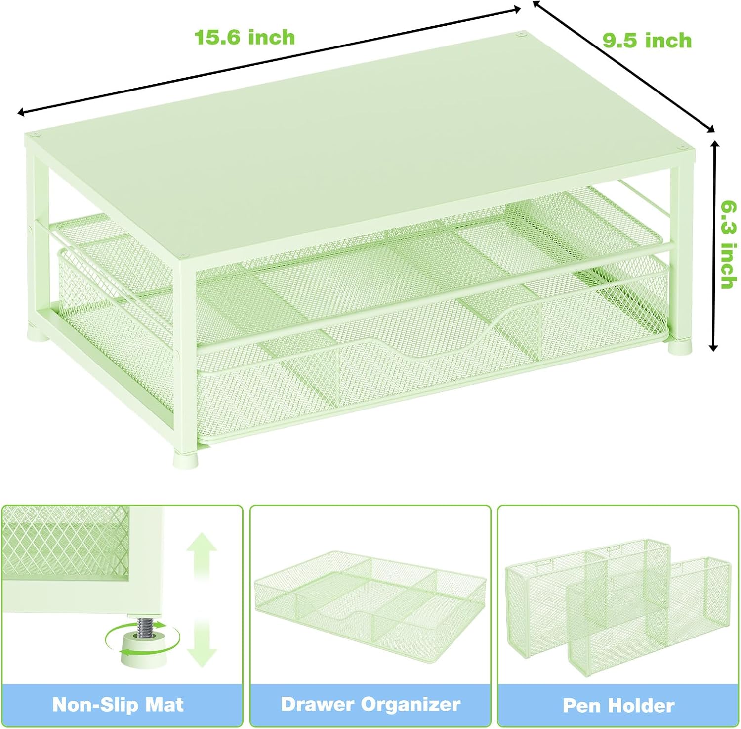 Desk Organizers and Accessories, 2-Tier Computer Monitor Stand Riser with Drawer and 2 Pen Holders, Laptop Stand, Office Desk Accessories for Office Supplies, Green