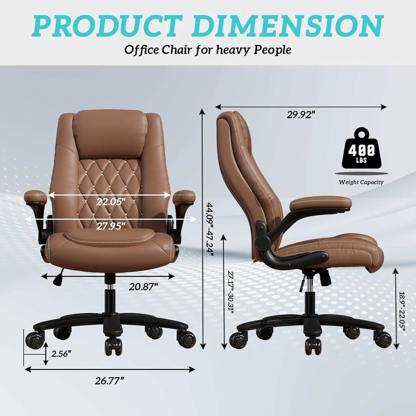GYI O205P High Back Executive Office Chair, Big and Tall Office Chair 400LBS with Rubber Wheels,Ergonomic Adjustable Computer Desk Chairs with Padded Flip-up Armrests,Lumbar Support (Brown)