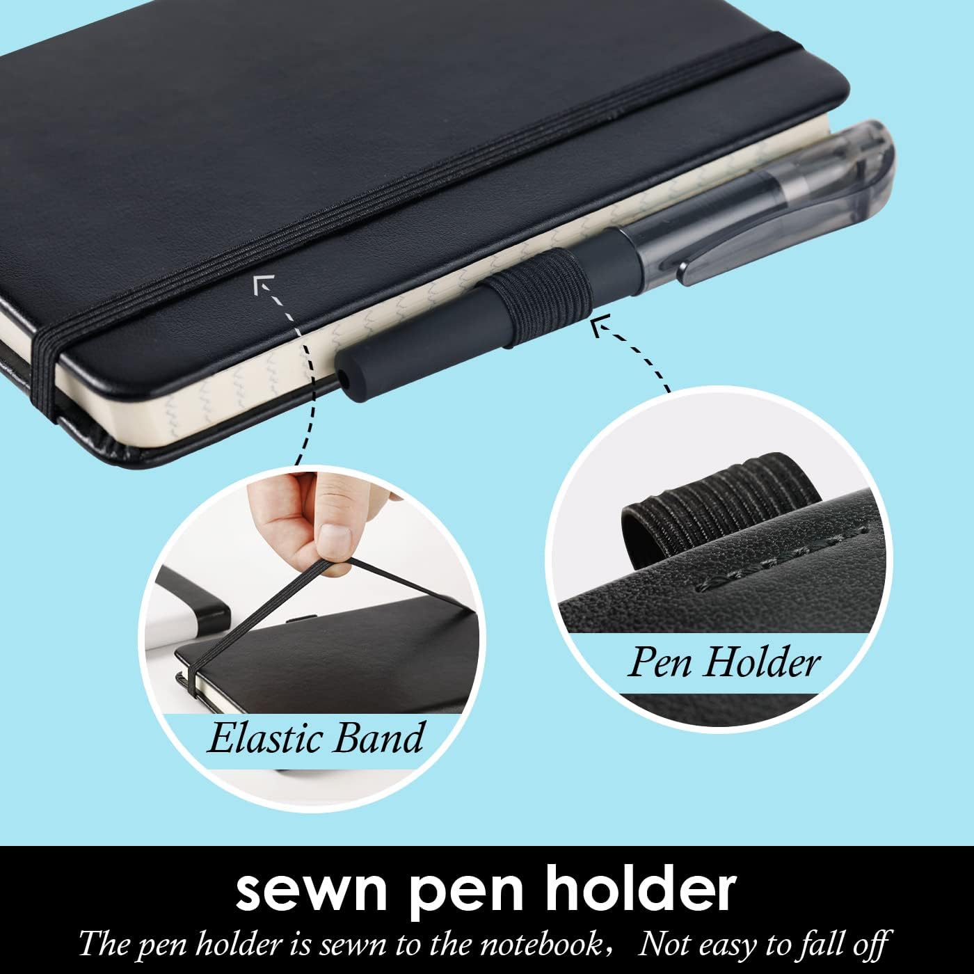 (3 Pack) Pocket Notebook Journal, Hardcover Small Mini Notebooks with Pens for Work, 3.7" x 5.7" A6 Notebook College Ruled with 100Gsm Premium Thick Lined Paper, Black Leather