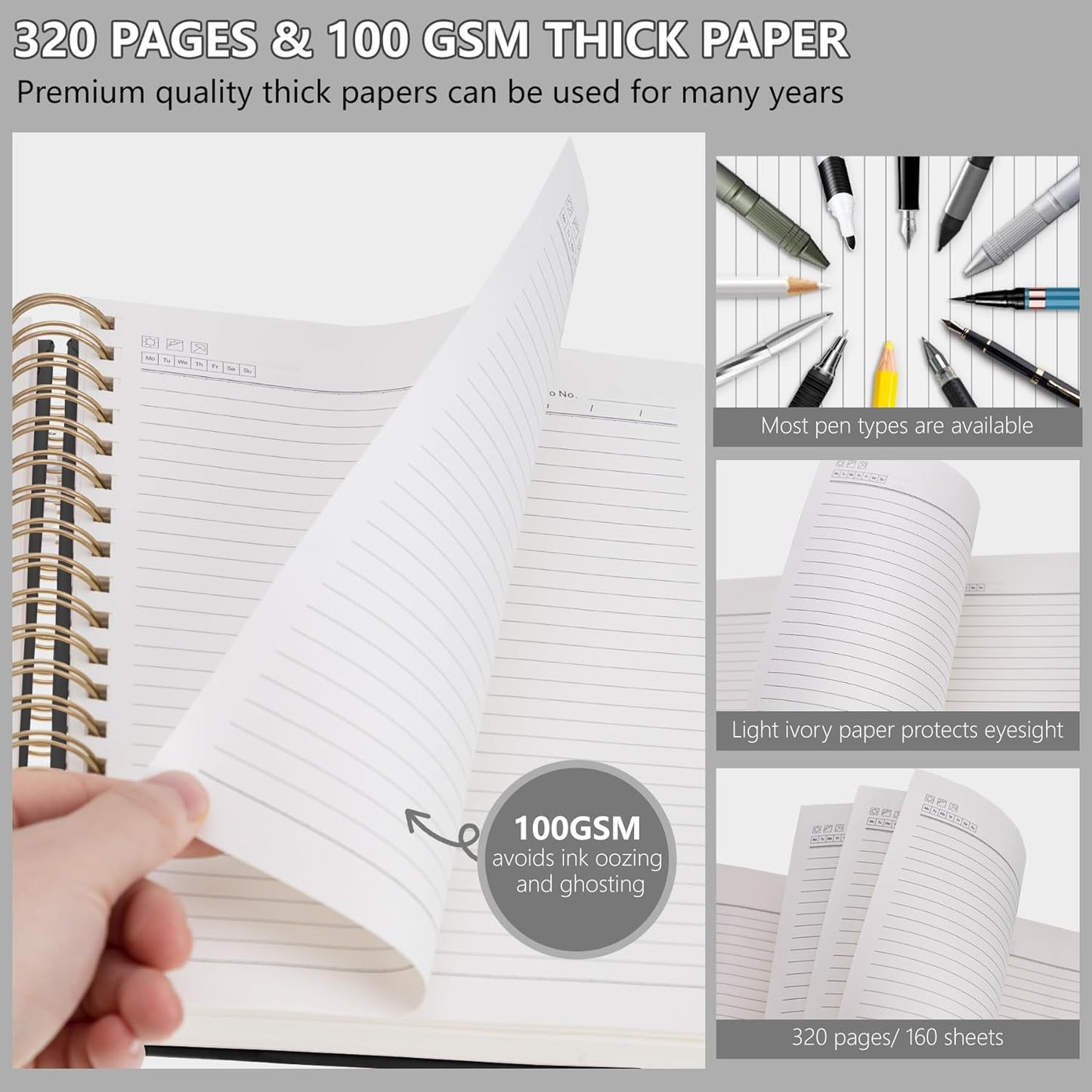 HAUTOCO Spiral Notebook College Ruled B5 Leather Bound Journal, 320 Pages, Hardcover Notebooks with tabs, 100 GSM Paper, 7"x 9.7" Lined Journaling Notebooks for Work Office School Business, Black