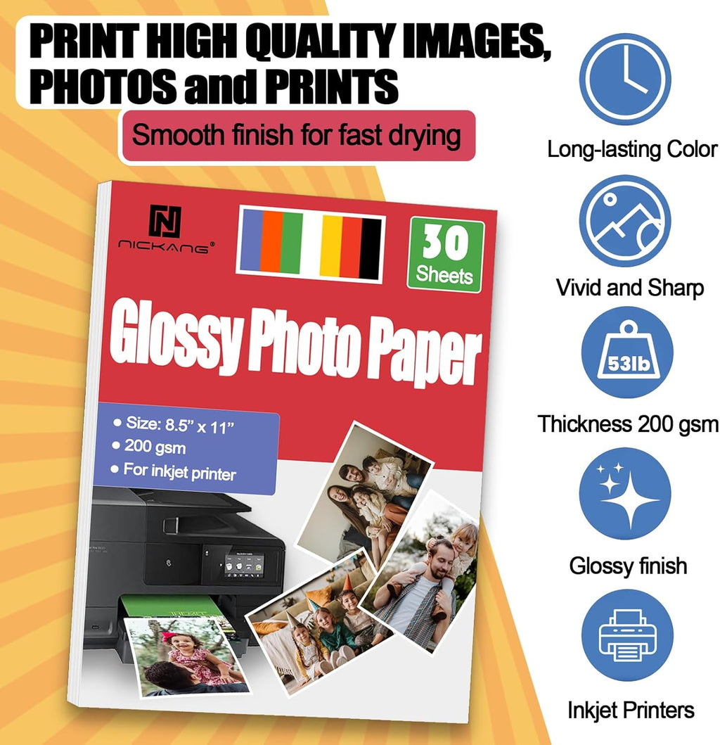 Glossy Photo Paper 8.5x11, 53 LB/200 gsm, 30 Sheets, Letter Size, Photo Paper for Inkjet Printer, Photo Printer Paper, Picture Paper