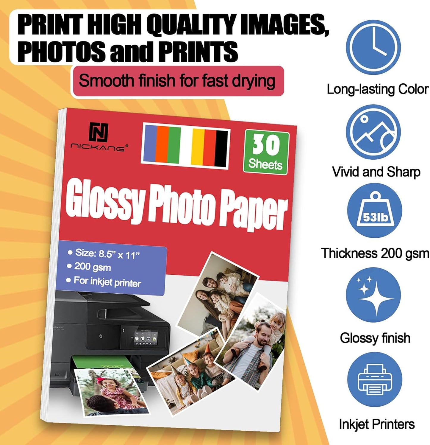Glossy Photo Paper 8.5x11, 53 LB/200 gsm, 30 Sheets, Letter Size, Photo Paper for Inkjet Printer, Photo Printer Paper, Picture Paper