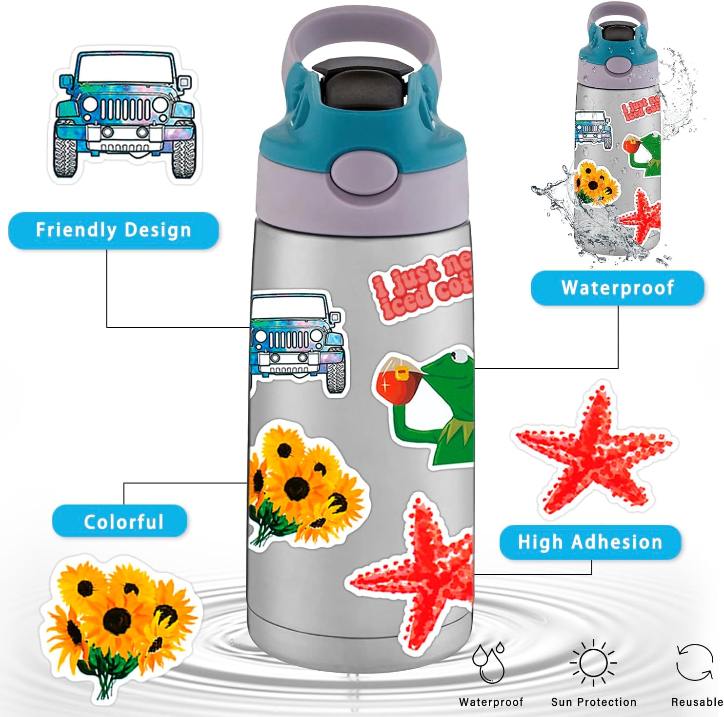 Water Bottle Stickers 300 Pcs Color Cute Sticker Pack, Waterproof Vinyl Stickers for Water Bottles Laptop Tablet Scrapbook Journal Skateboard Scooters Notebook Diary Lunch Box Suitcase Kindle etc