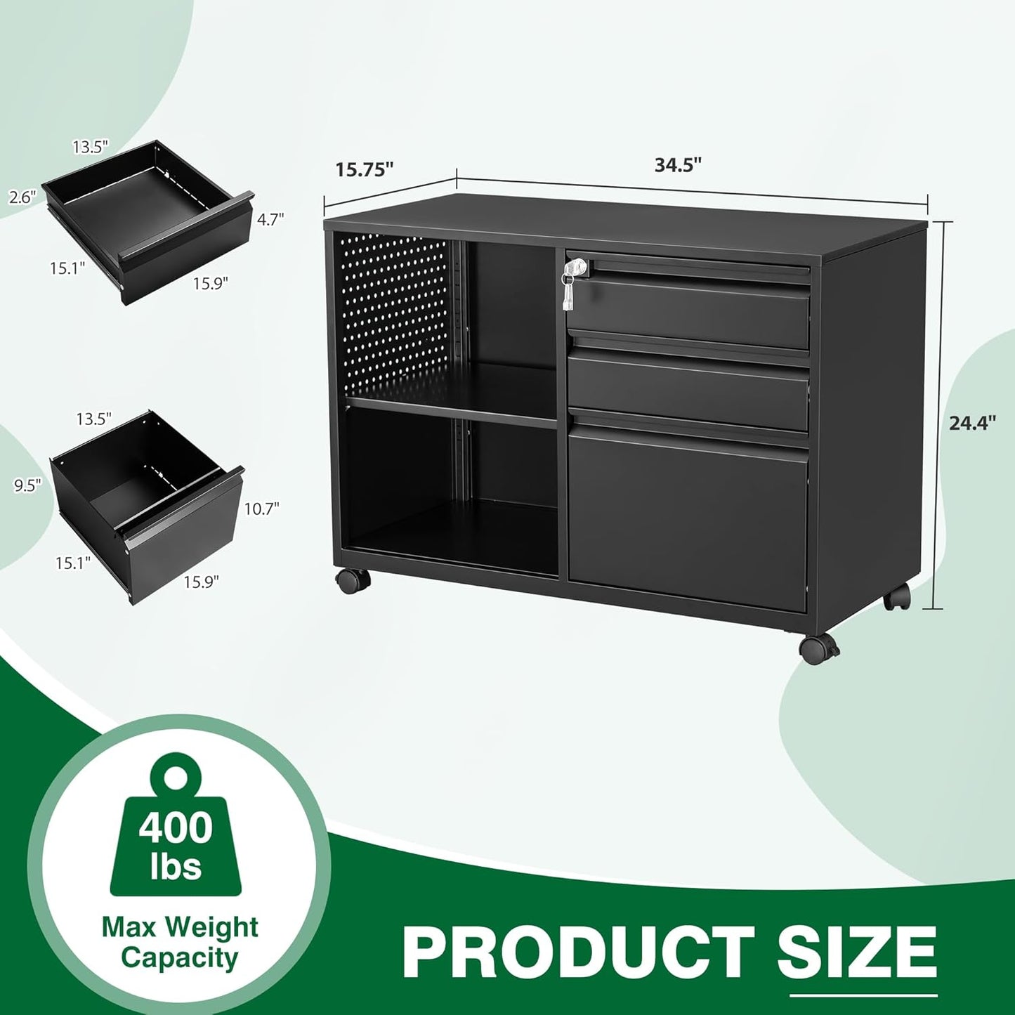 3 Drawer Metal File Cabinet with Lock,Mobile Lateral Filing Cabinet,Printer Stand Storage Cabinets with Shelves for Home Office(Black)