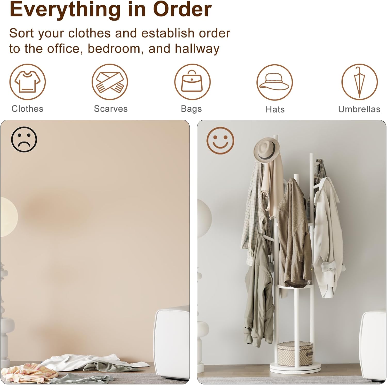 Solid Wood Rotary Coat Rack, Freestanding Coat Rack with 3 Shelves and 9 Hooks, Coat tree for Bedroom, Entryway, Livingroom, Coat Hanger Stand for Coats, Scarves, Handbags (White)