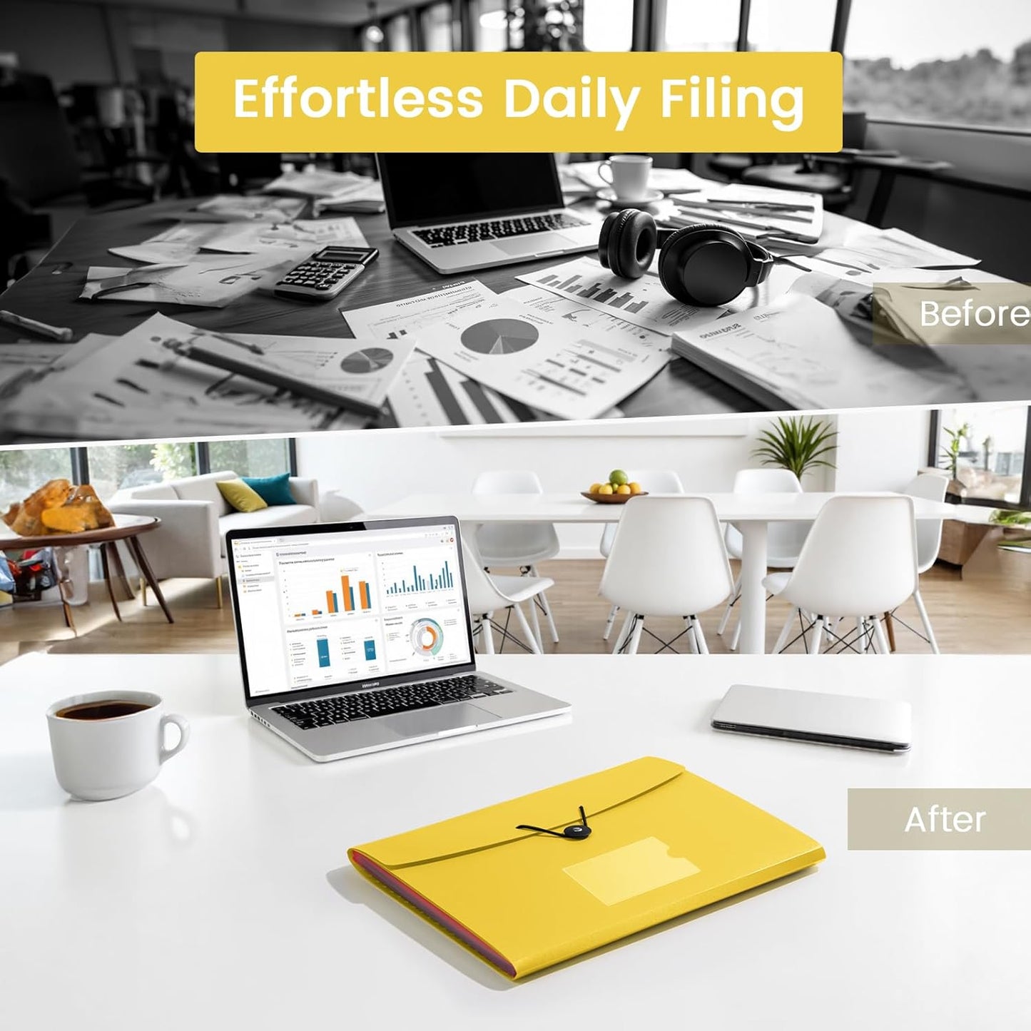 13 Pocket Accordion File Organizer with Elastic Closure, Expanding File Folder for Letter Size A4 Papers, Ideal for Home, Office Supplies, College Essentials - Yellow